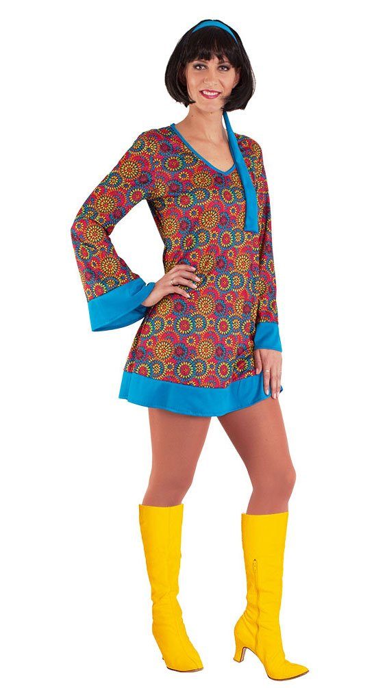 Karneval-Klamotten Hippie-Kostüm Damenkostüm Flower Power 60er Jahre, Kleid türkis-bunt, V-Ausschnitt, mit Haarband