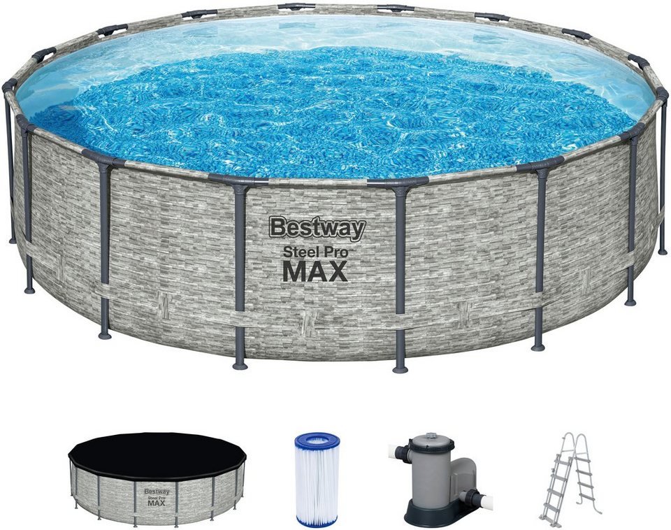 Bestway Rundpool Steel Pro MAX™ (Komplett-Set), 5-tlg. Frame Pool mit  Filterpumpe Ø 488x122 cm