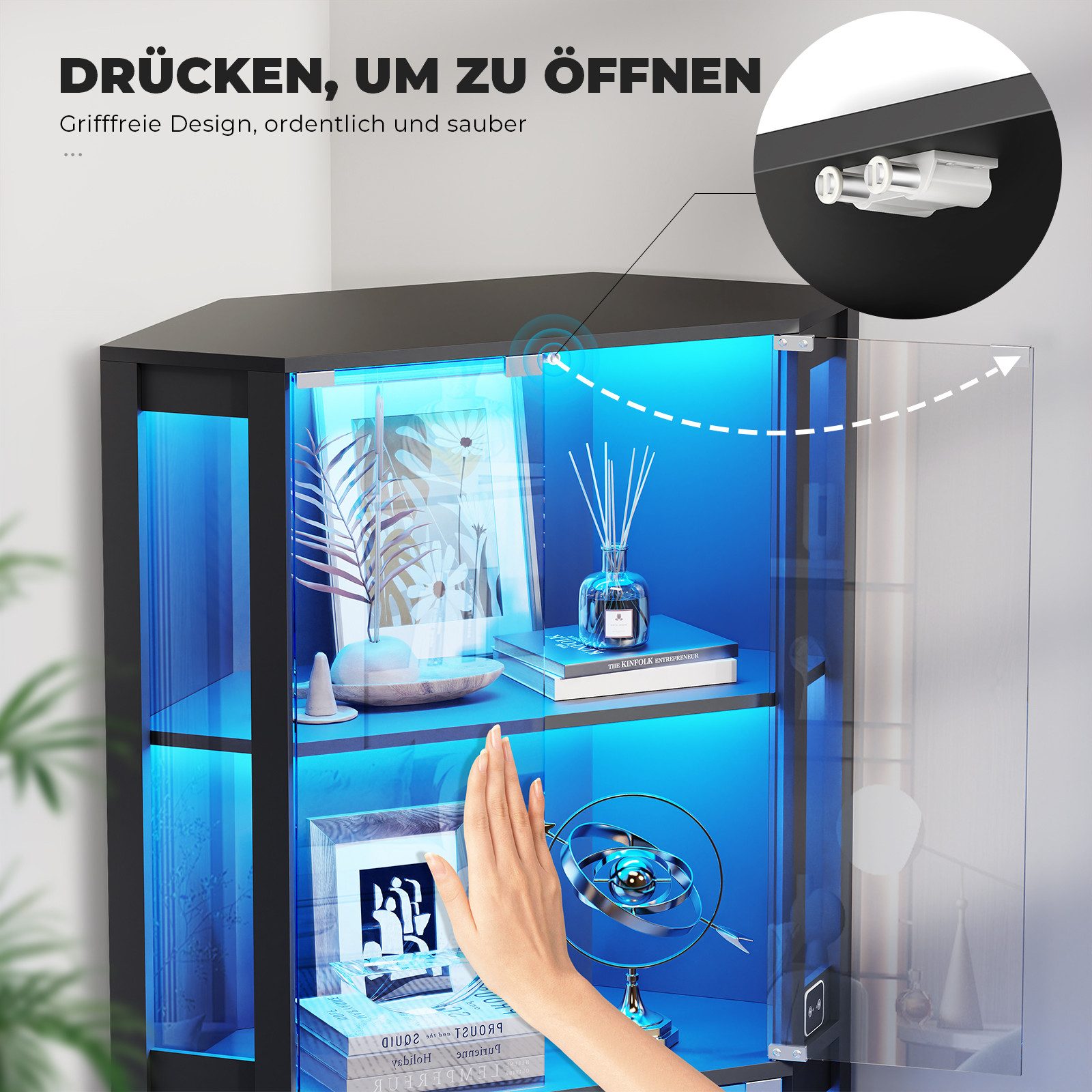 BROTTAR Glasvitrine Curio-Schrank, Eckvitrine, 4 Böden mit LED-Beleuchtung (1-St) mit menschlichem Körpersensor für Spielzeug, Bücher, schwarz