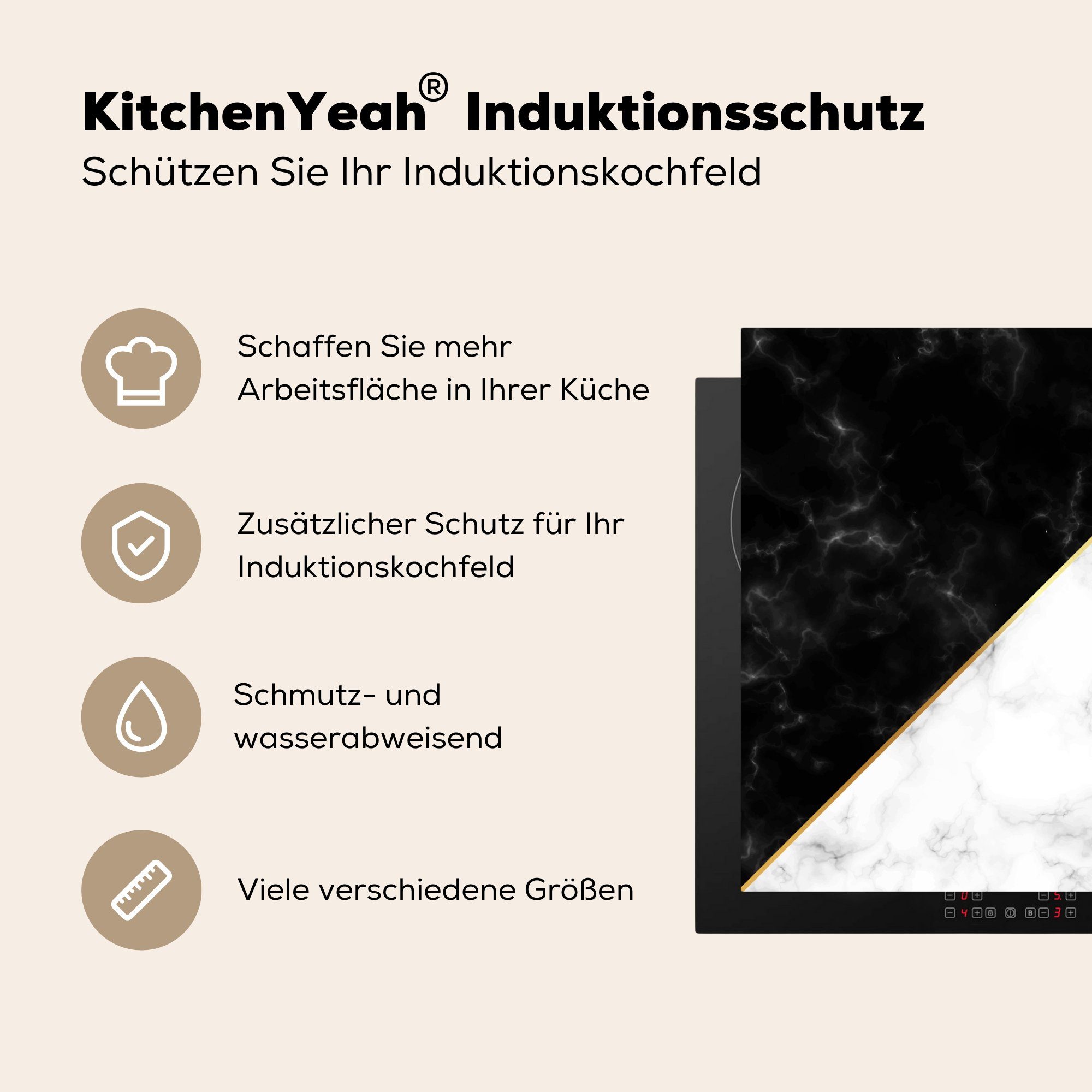 Vinyl, für Weiß Marmor - MuchoWow Herdblende-/Abdeckplatte - Gold, (1 Arbeitsplatte 78x78 cm, tlg), Ceranfeldabdeckung, Schwarz küche -