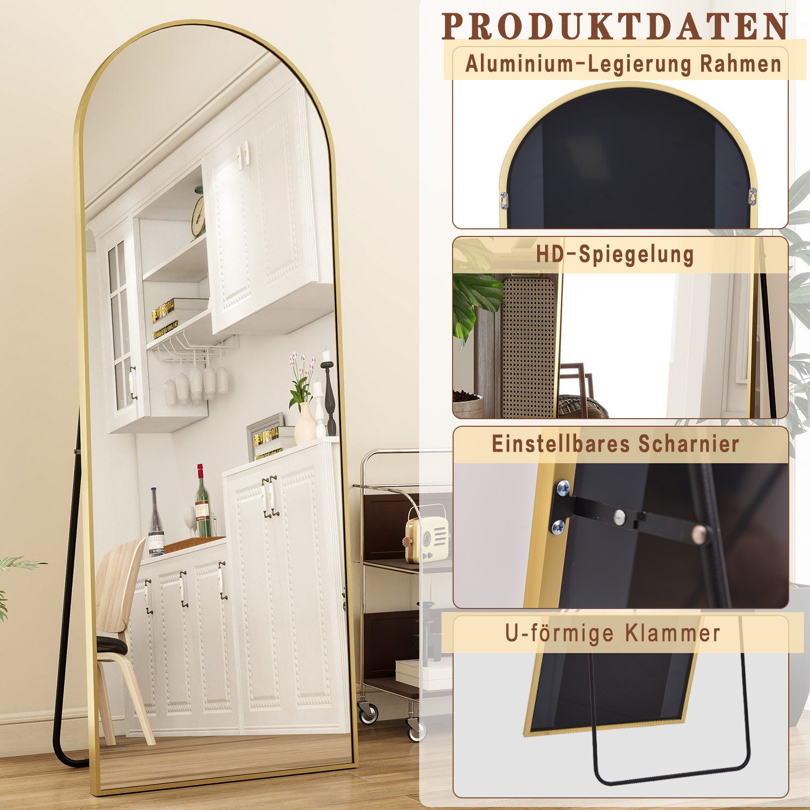 BEAUTYPEAK Standspiegel Bogenspiegel mit Alu-Rahmen (Wandspiegel erhältlich, verstärktes Glas, HD-Spiegelung) – Bild 5 von 5