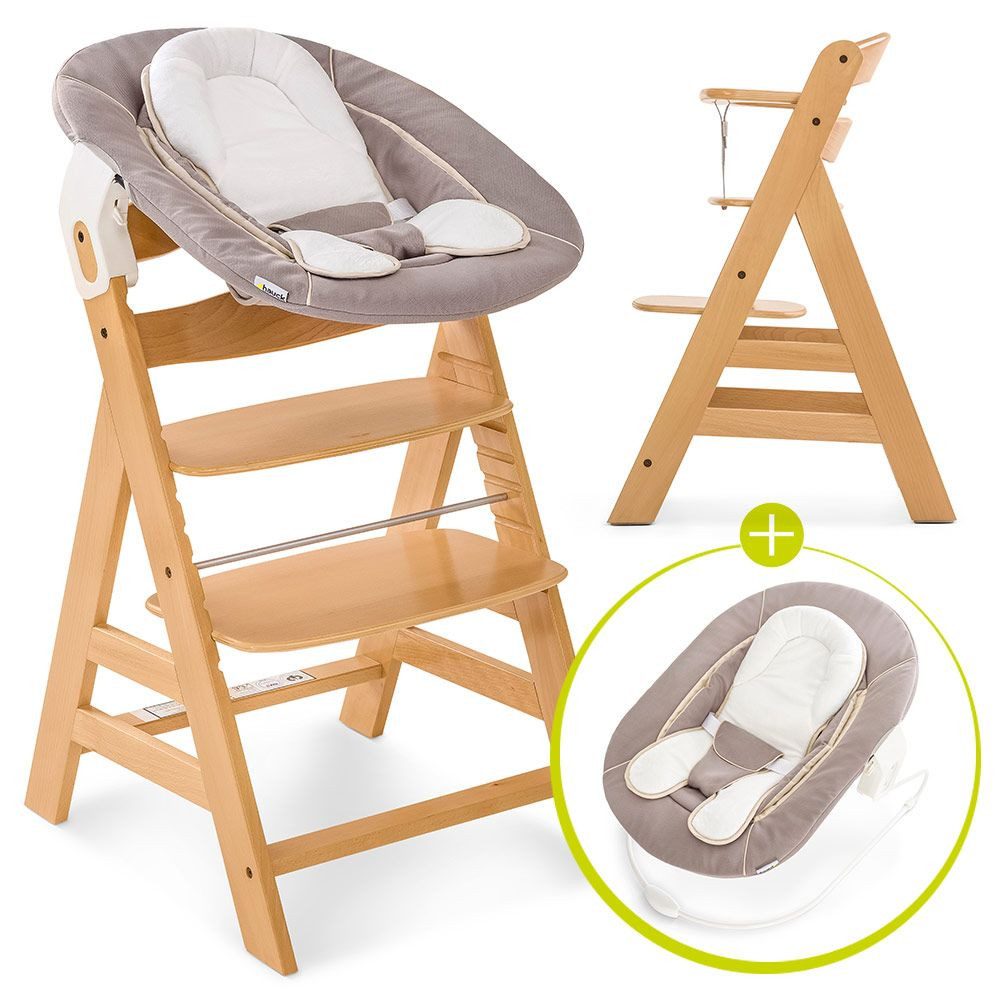 Hauck Hochstuhl Alpha Plus Natur - Newborn Set (Set, 4 St), Holz Babystuhl ab Geburt mit Aufsatz für Neugeborene höhenverstellbar