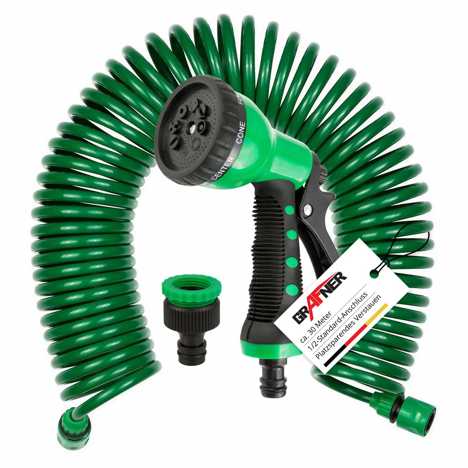 Grafner Gartenschlauch Grafner Spiralschhlauch 1/2" Gartenschlauch grün 30m inkl. 8 Funktione, Verstärkter 3-fach EVA-Mantel, ein Verknoten, kein Verdrehen, maximaler Druck: 10 Bar, (5 St), ausgedehnt ca. 30 Meter, Kein Platzen! Dornen und Sträucher