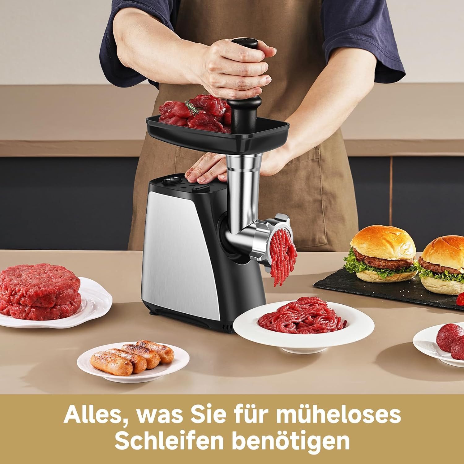 Aobosi Fleischwolf FW-1 3in1 Edelstahl Wurstfüller Kubbe Rückwärtsfunktion, 300 W, 1,5 kg/min, Überlastungsschutz, spülmaschinengeeignete Teile