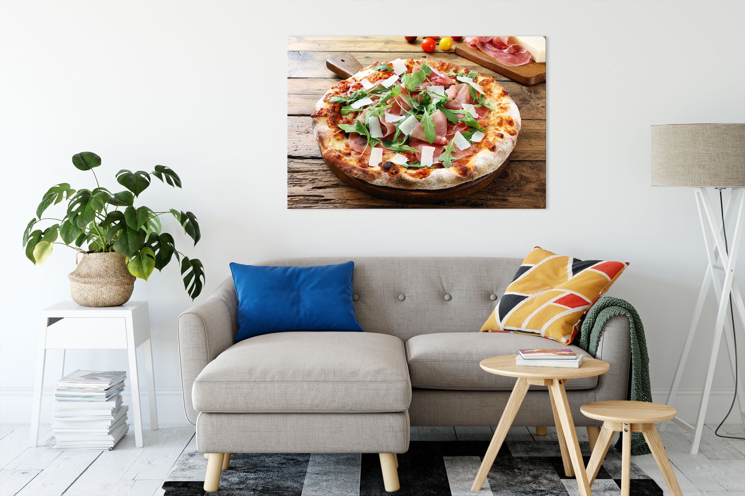 Pixxprint Leinwandbild Prosciutto Pizza auf Holztisch, Prosciutto Pizza auf günstig online kaufen