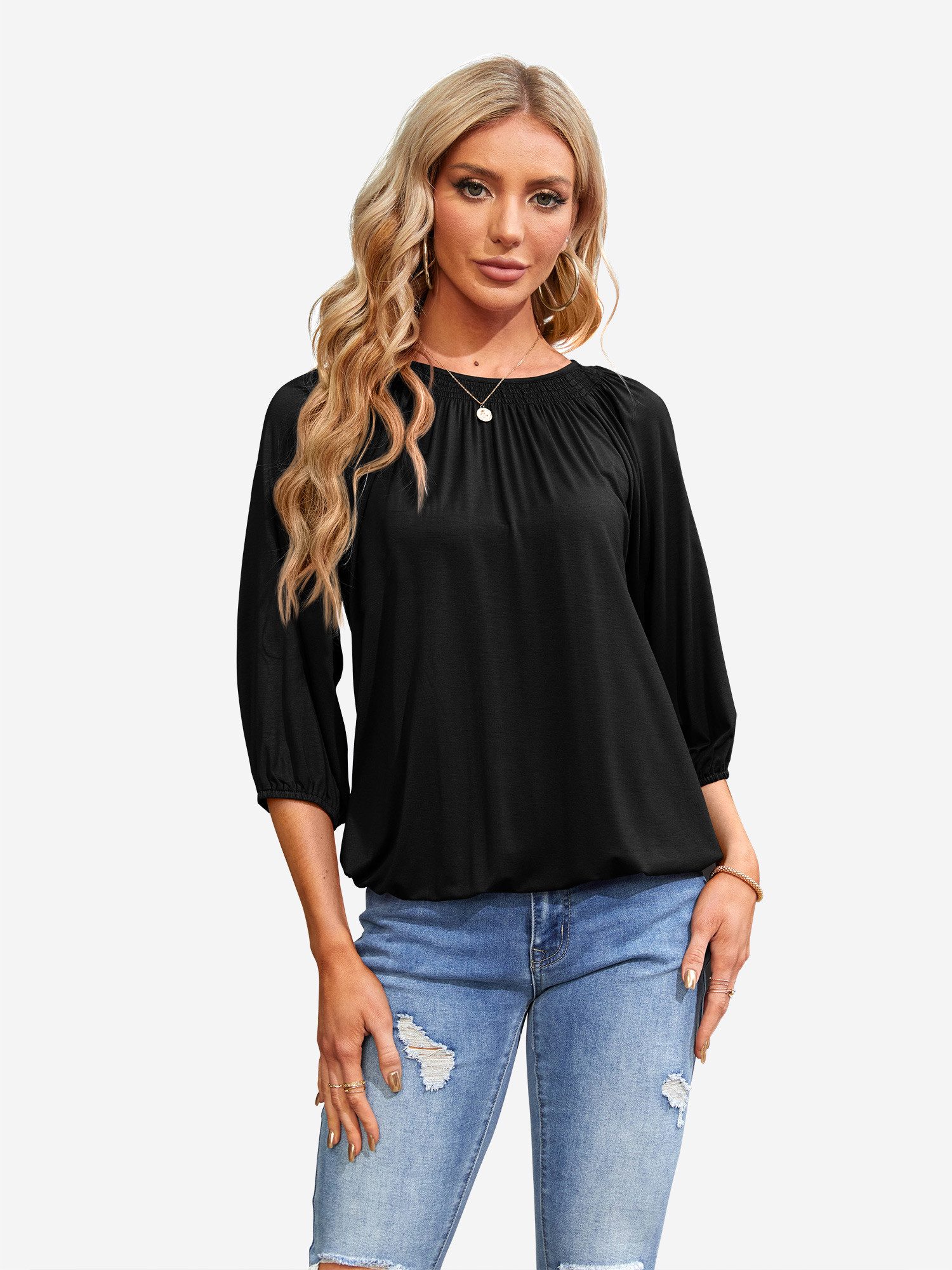 Imily Bela T-Shirt Damen 3/4-Ärmel Plissierte Bluse (Packung, 1-tlg., 1per-Pack) Rundhals