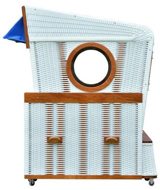 deVries Strandkorb Strandkorb 6-Sitzer Mahagoni - PE weiß - Modell blau/weiß, BxTxH: 200x158x207 cm, Gosch-Lounge, Nordsee-Strandkorb, Bullaugen und Panoramafenster, Staufächer, Sitzbänken, großer Tisch