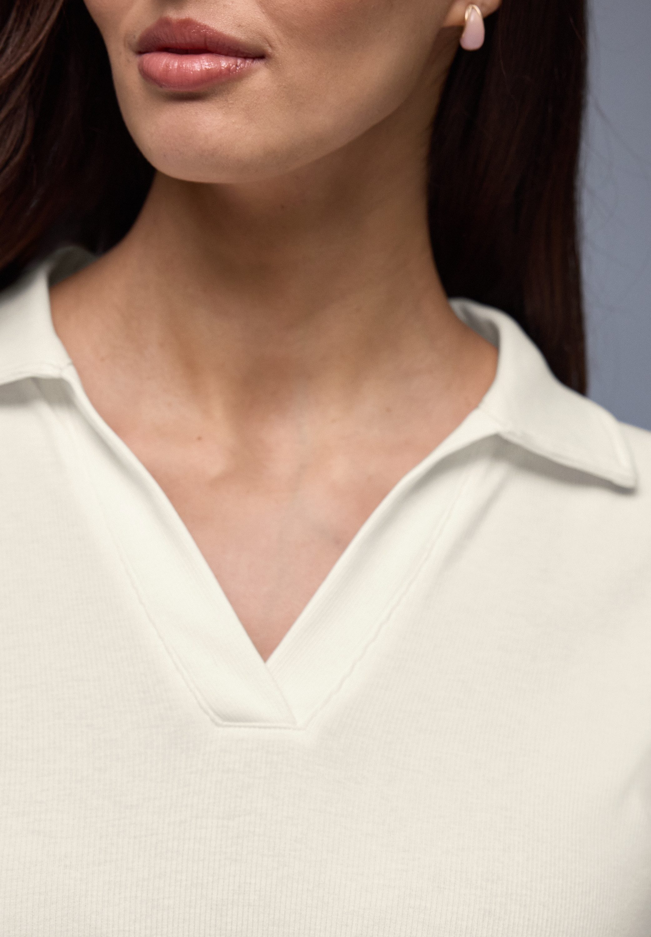 STREET ONE Langarm-Poloshirt in Melange-Optik und mit Ripp-Struktur