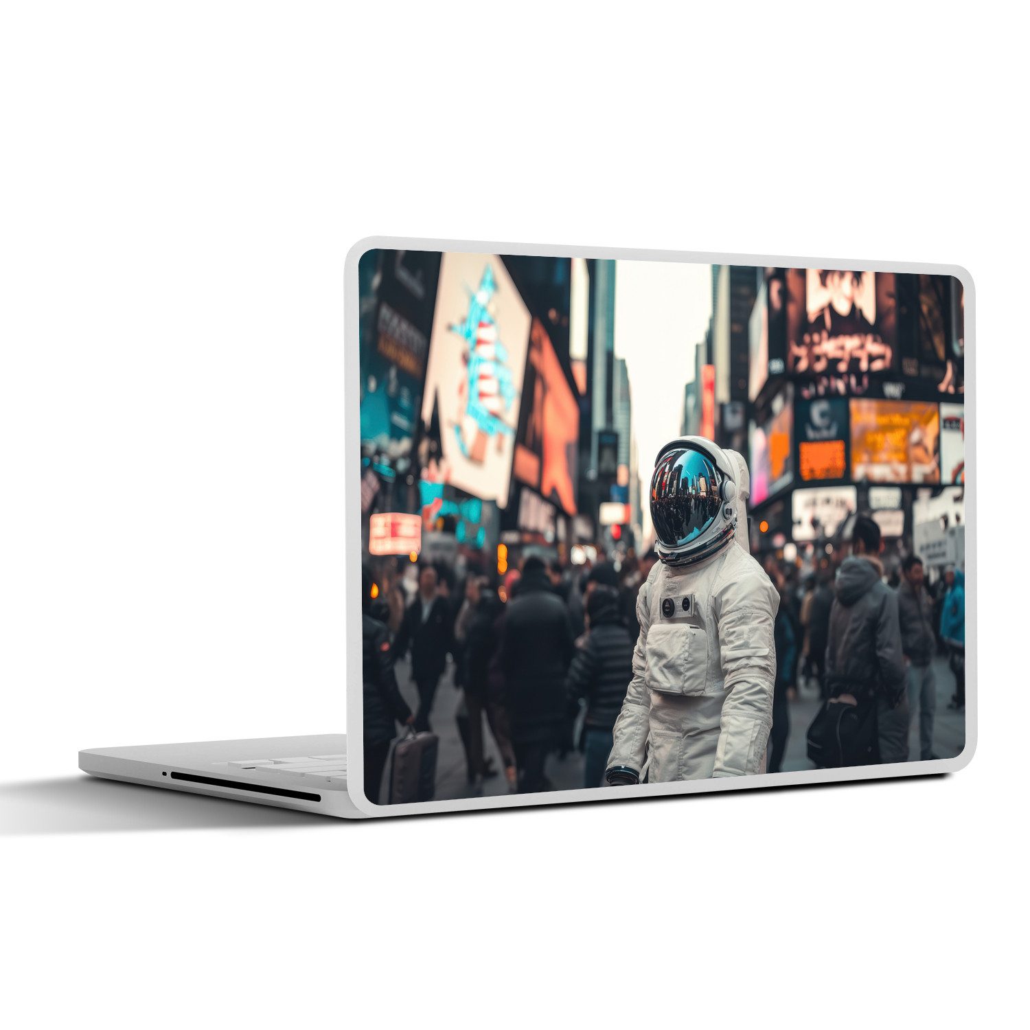 MuchoWow Laptop-Aufkleber Stadt - Menschen - Astronaut - Weiß, (1tlg), Laptop Folien Cover, Aufkleber, Sticker, Schutz vor Kratzern, 30x21 cm