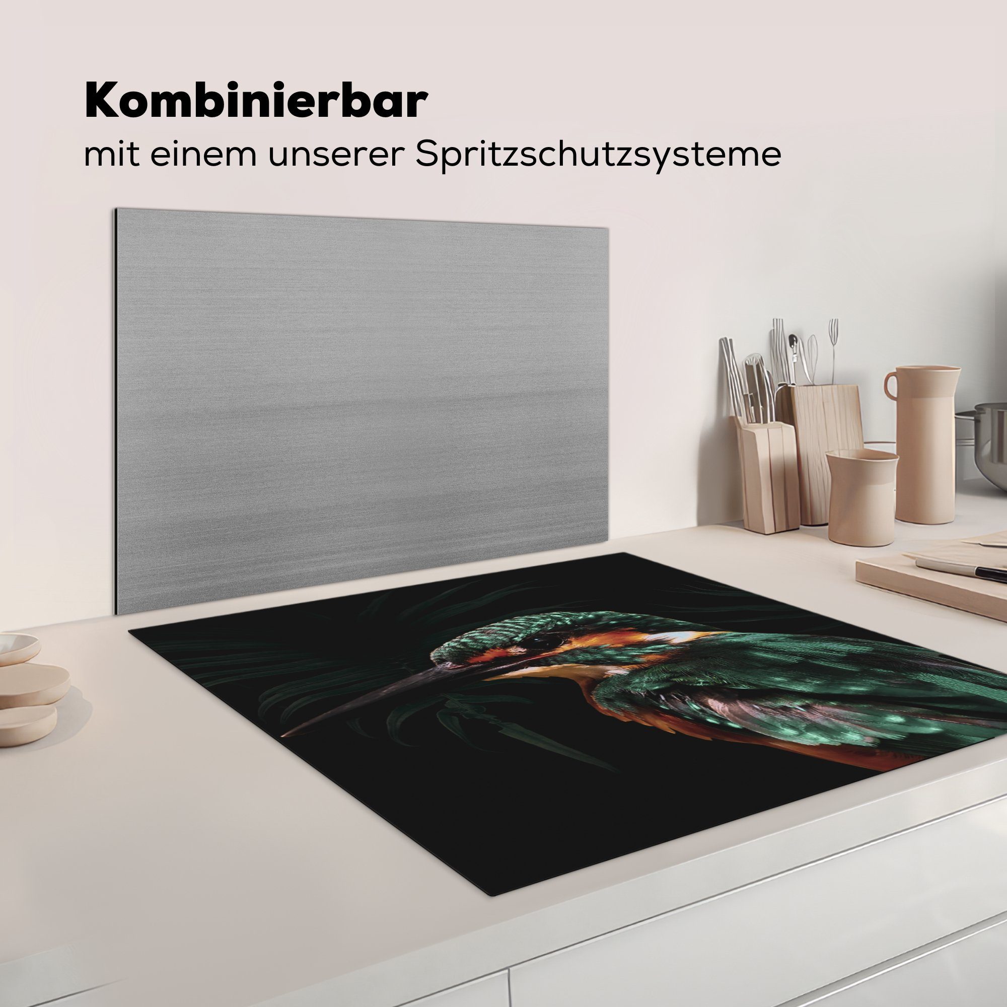 Herdblende-/Abdeckplatte Vinyl, Eisvogel 78x78 Vogel (1 Ceranfeldabdeckung, Grün, tlg), für - Arbeitsplatte küche - cm, MuchoWow