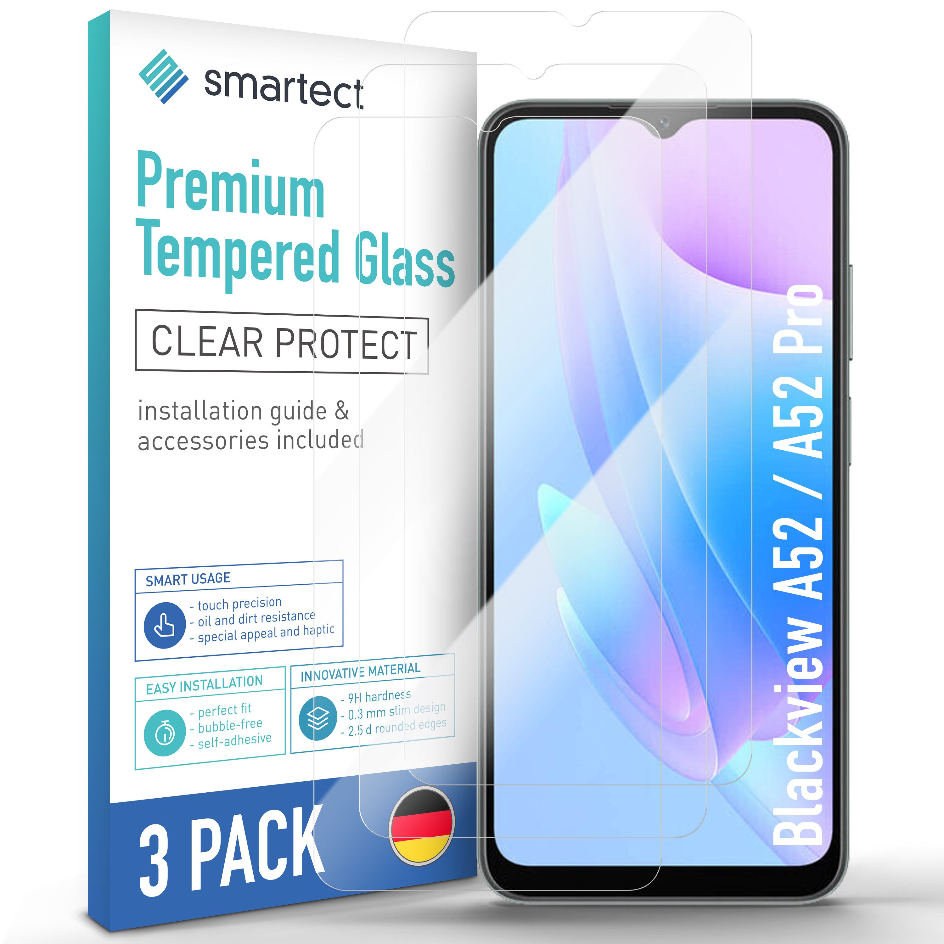 smartect Displayschutzglas 3X Schutzglas Panzerfolie Klar für Blackview A52 / A52 Pro für Blackview A52 / A52 Pro, Set, 3 Stück, 0.3 mm Ultra-klar, 9H Härte, Kratzfest, Stoßfest, Blasenfrei, Oleophob