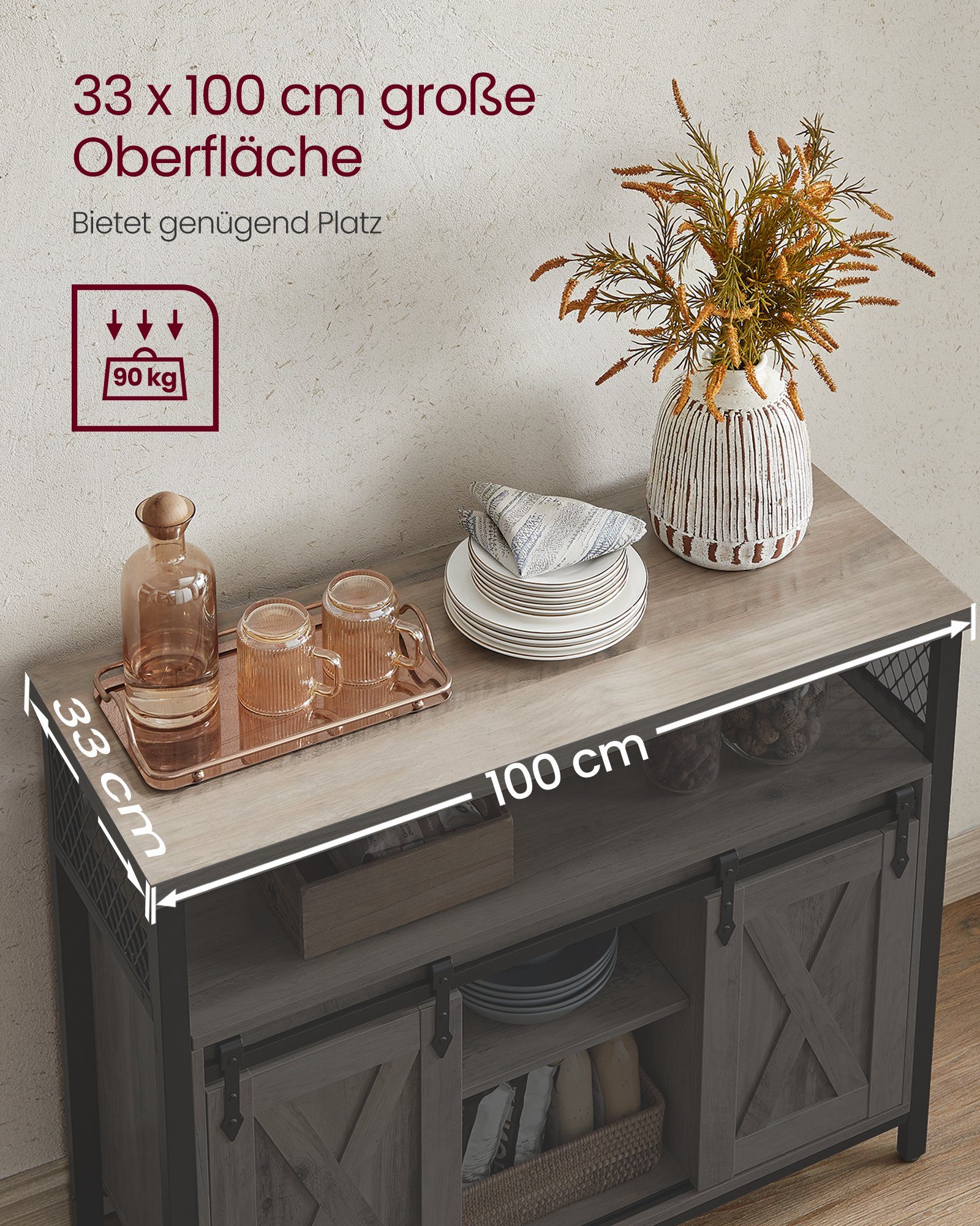 VASAGLE Sideboard Küchenschrank, mit 2 Greige-schwarz Schiebetüren, Ablagen verstellbare
