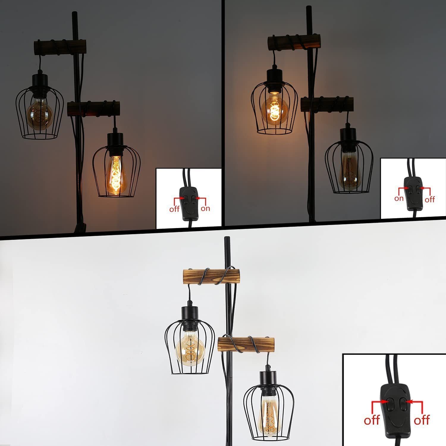 Nettlife Stehlampe Stehleuchte 2 Flammig schwarz Vintage aus Holz 151cm, mit Kippschalter, LED wechselbar, für Wohnzimmer schlafzimmer Esszimmer Büro
