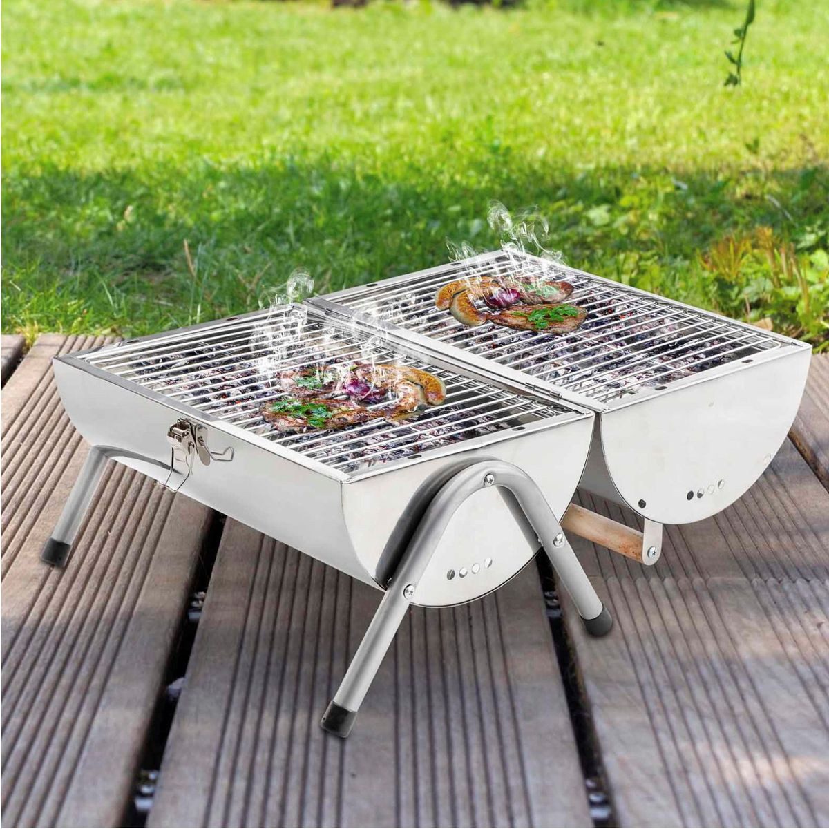 Haushalt International Holzkohlegrill Picknickgrill mit Griff & Belüftung aus Edelstahl ca. 50 x 30 x 37 cm, inkl. Grill- & Kohleroste
