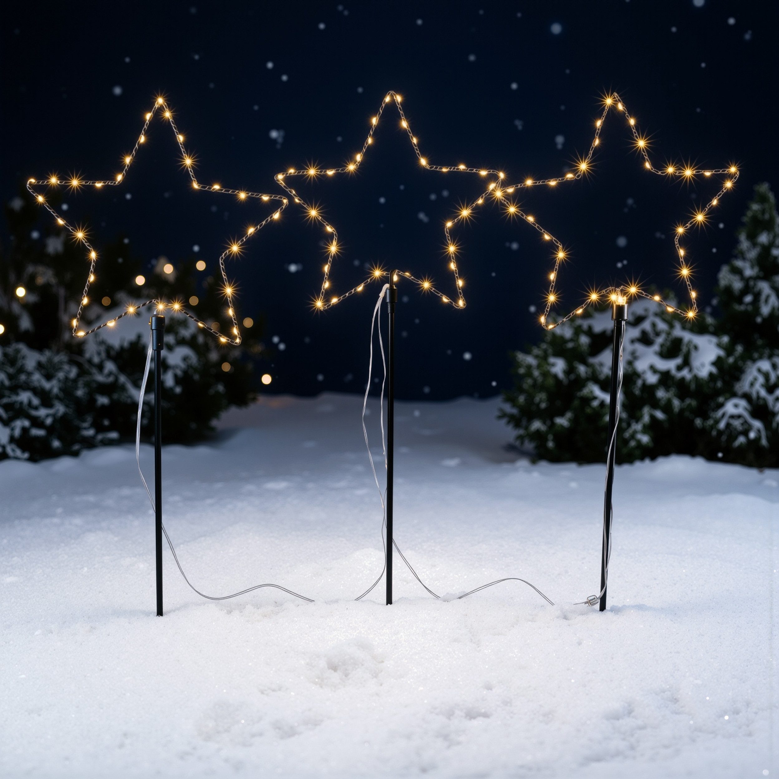 esotec LED Solarleuchte 3 Weihnachtssterne Sternenzauber, 3x40 LEDs, Weihnachtsdeko, 102571, LED fest integriert, 2800K warmweiß, Dauer- oder Blinklicht, winterfest, Solarbetrieb ohne Stromanschluss