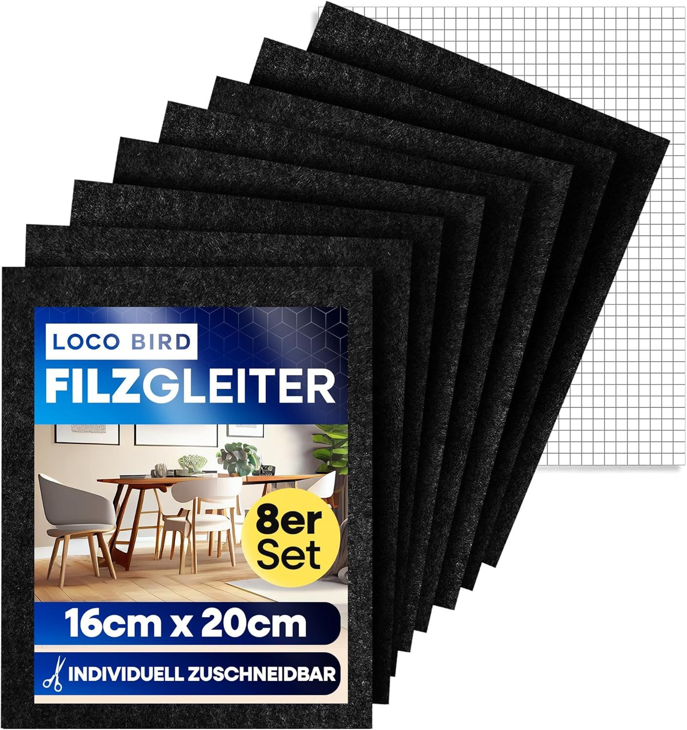 Loco Bird Filzgleiter Stühle Selbstklebend zum Zuschneiden - 8 Stück 16 x 20cm - 4mm schwarz, (Spar-Set, 8 St), Möbelgleiter, Parkettschoner für Stuhlbeine, Filzplatten, Bodenschoner
