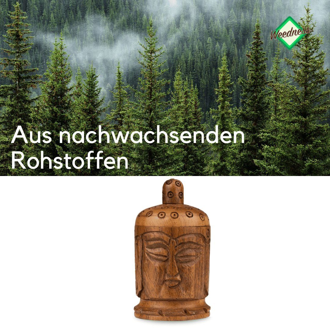 Weedness Kräutermühle Buddha Holz Grinder klein Set Crusher 4-teiliges handgeschnitzt Mini Crunsher Wood