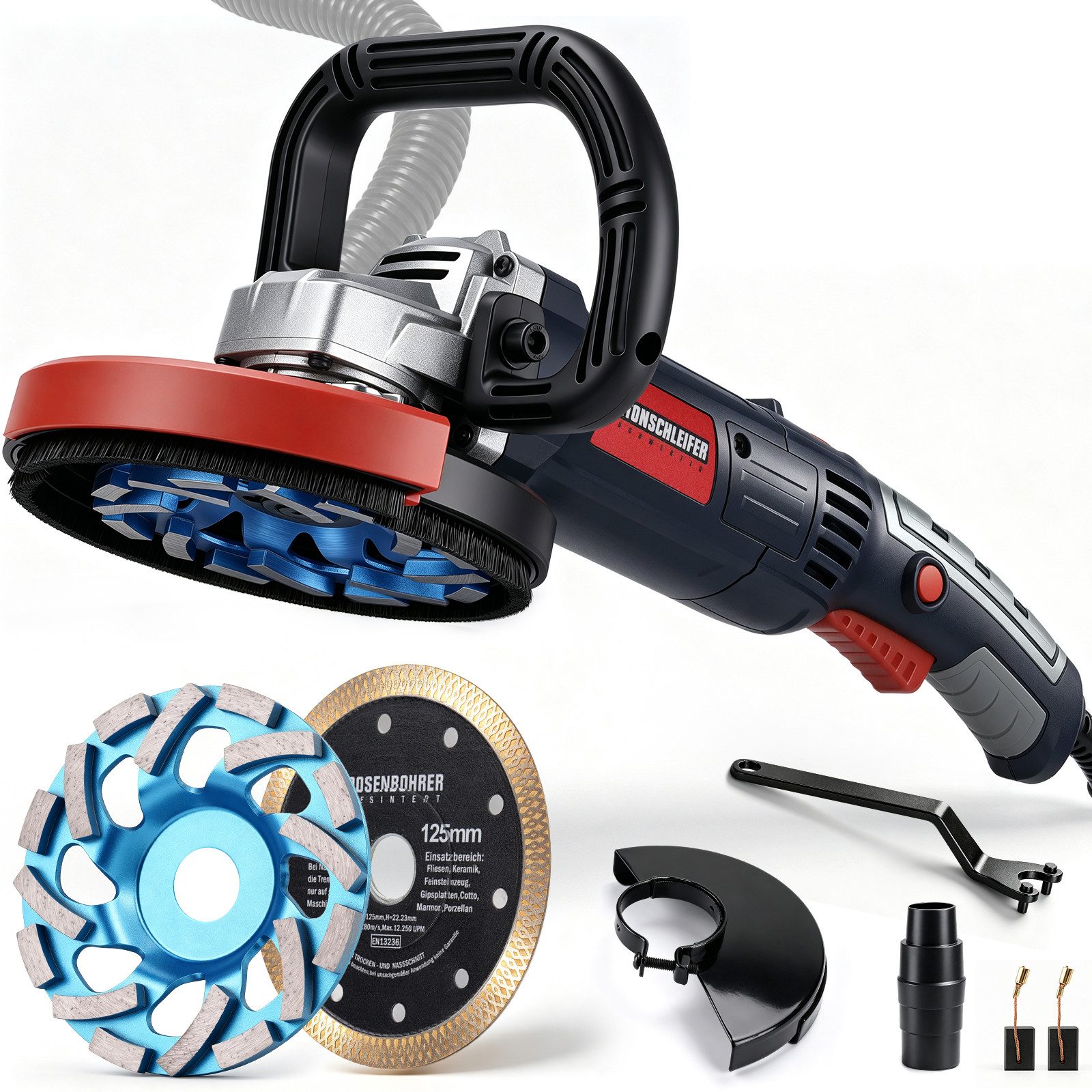 XERSEK Winkelschleifer 9000RPM 2100W Betonschleifer mit Ø125mm Diamantschleiftopf Schutzhaube, (Set, 7 tlg., Betonfräse Set mit 1x Diamantschleiftopf & 1x Trennscheibe), Betonfräse Sanierungsfräse Winkelschleifer Putzfräse Mauerfräse