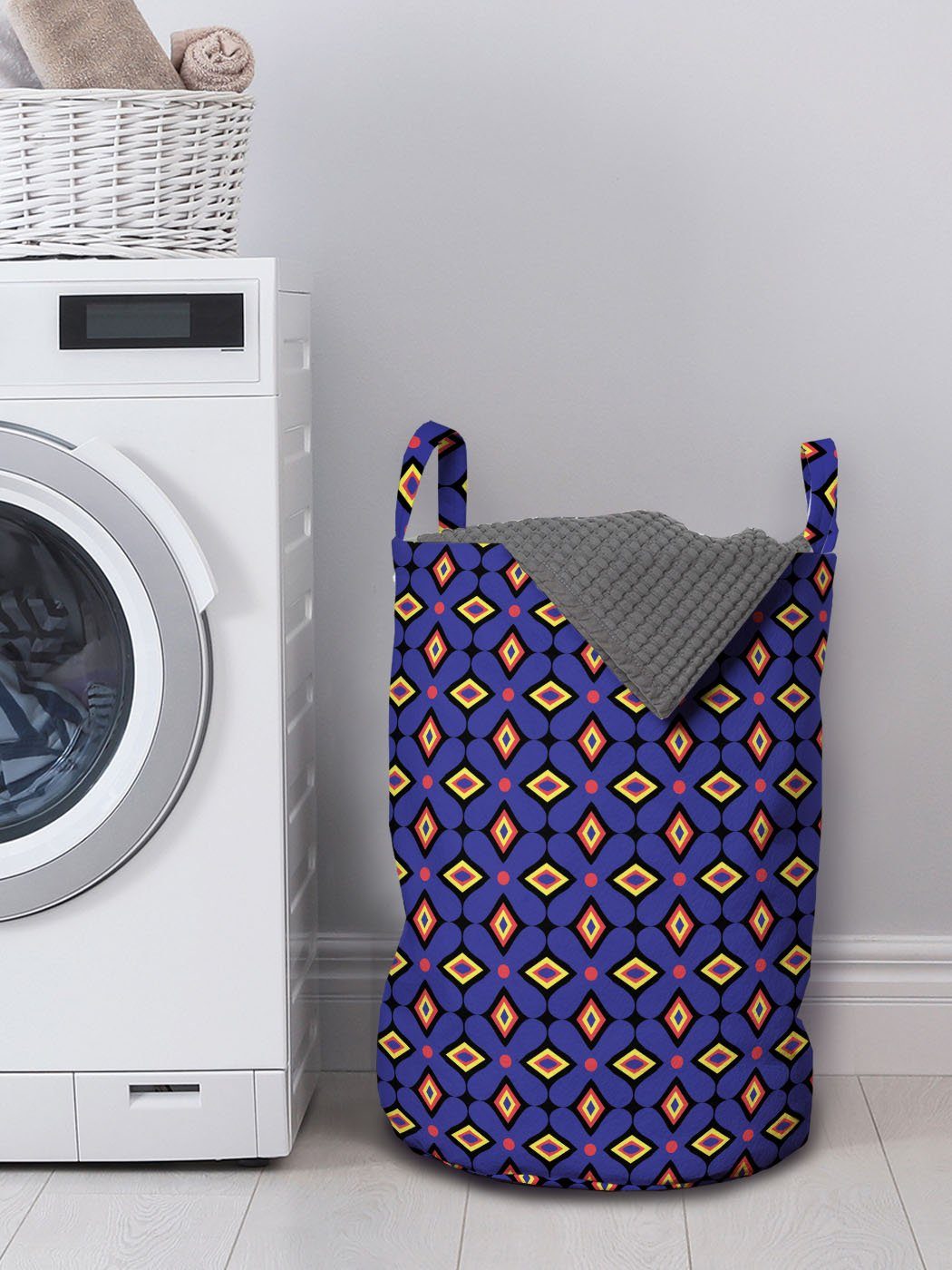 Abakuhaus Wäschesäckchen Wäschekorb mit Griffen Kordelzugverschluss Jahre Waschsalons, der 80er für Geometrisch Kunstwerk Retro-Stil