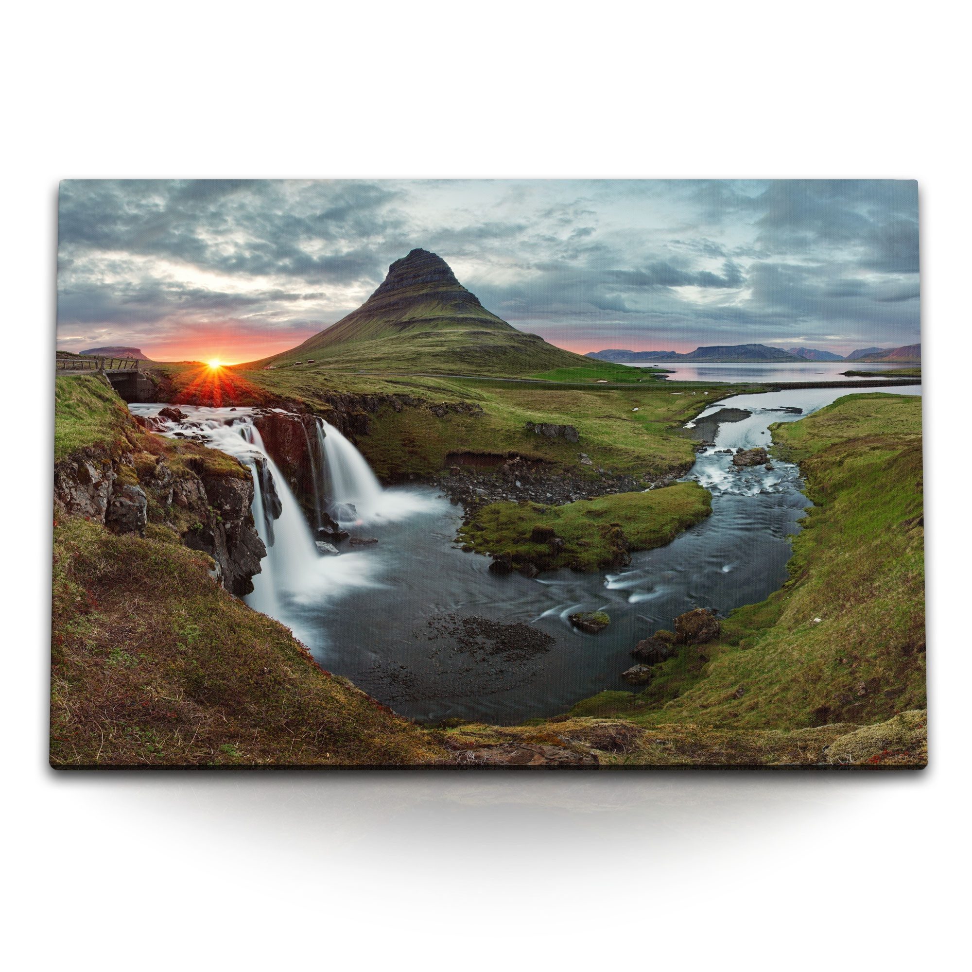Leinwandbild 120x80cm Wandbild auf Leinwand Island Landschaft Berge Wasserfall Sonn