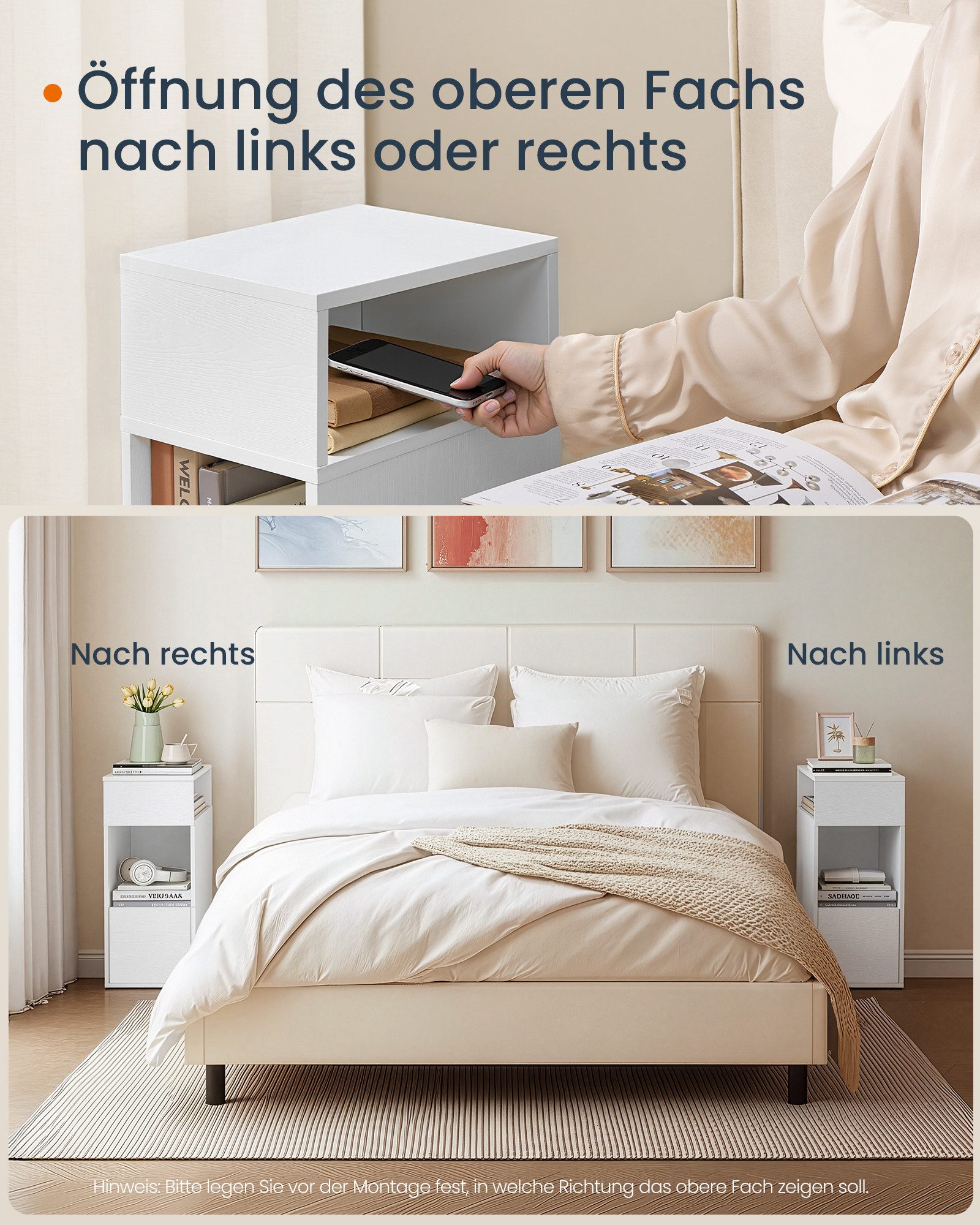VASAGLE Nachttisch Beistelltisch mit 2 offenen Fächern und 1 Schublade (1-St), 1er Set/2er Set, mit Toolless-Technologie, 30 x 25 x 59,4 cm – Bild 4 von 5