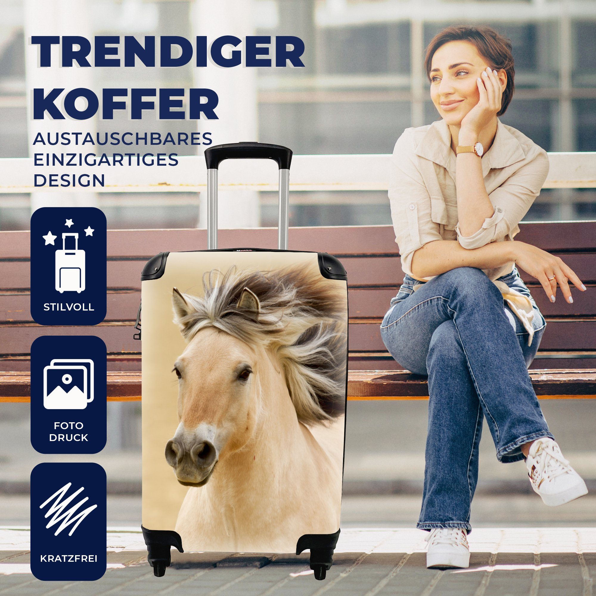 Mähne Pferde 4 mit - - für Reisetasche Rollen, Trolley, Ferien, Reisekoffer Tiere MuchoWow - Handgepäckkoffer Porträt, Handgepäck rollen,