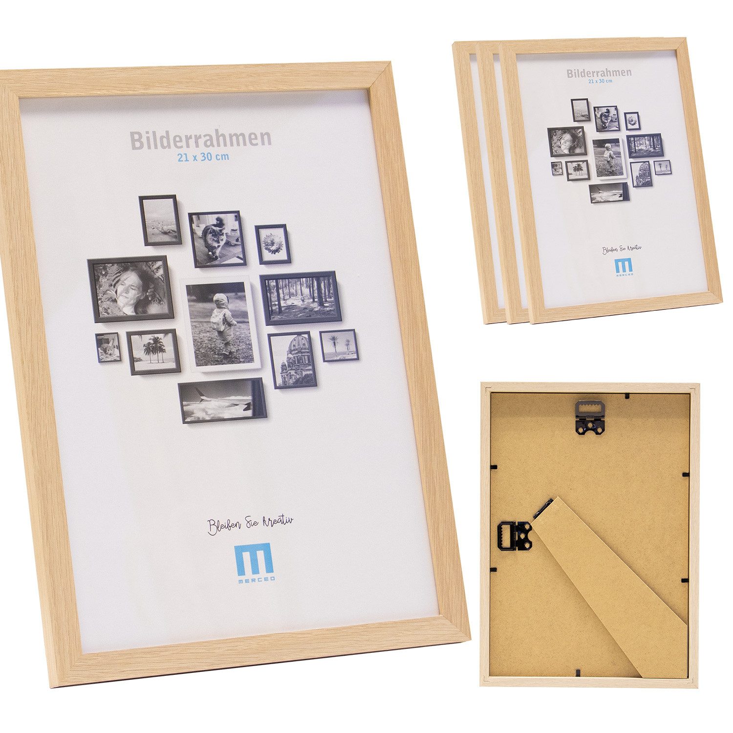 M MERCEO Bilderrahmen, 4er Set 21x30cm Bilderrahmen in natur (A4, MDF, Acrylglas)