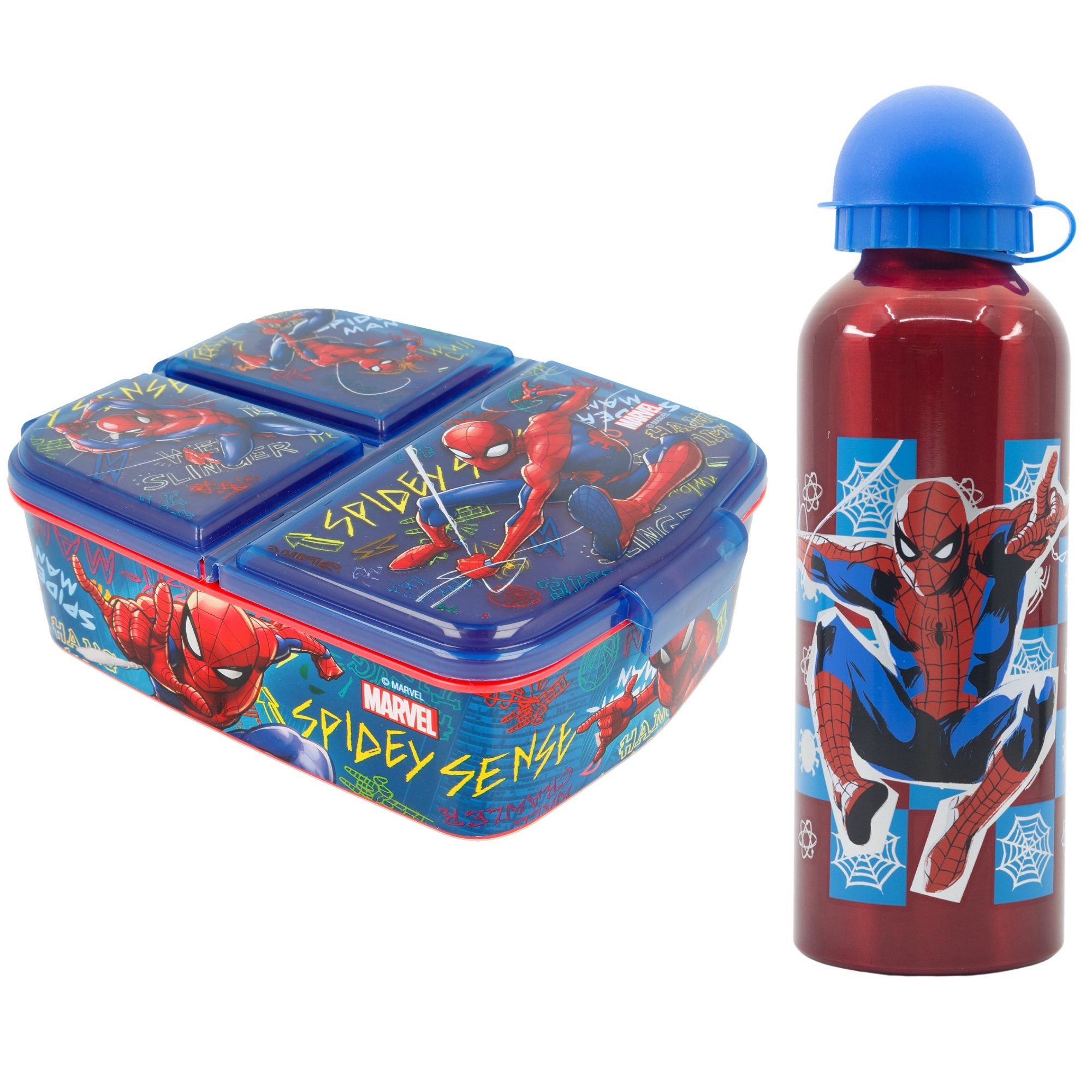 Lunchbox Marvel Spiderman 2 tlg Kinder Set 3 Kammern Brotdose Alu Trinkflasche