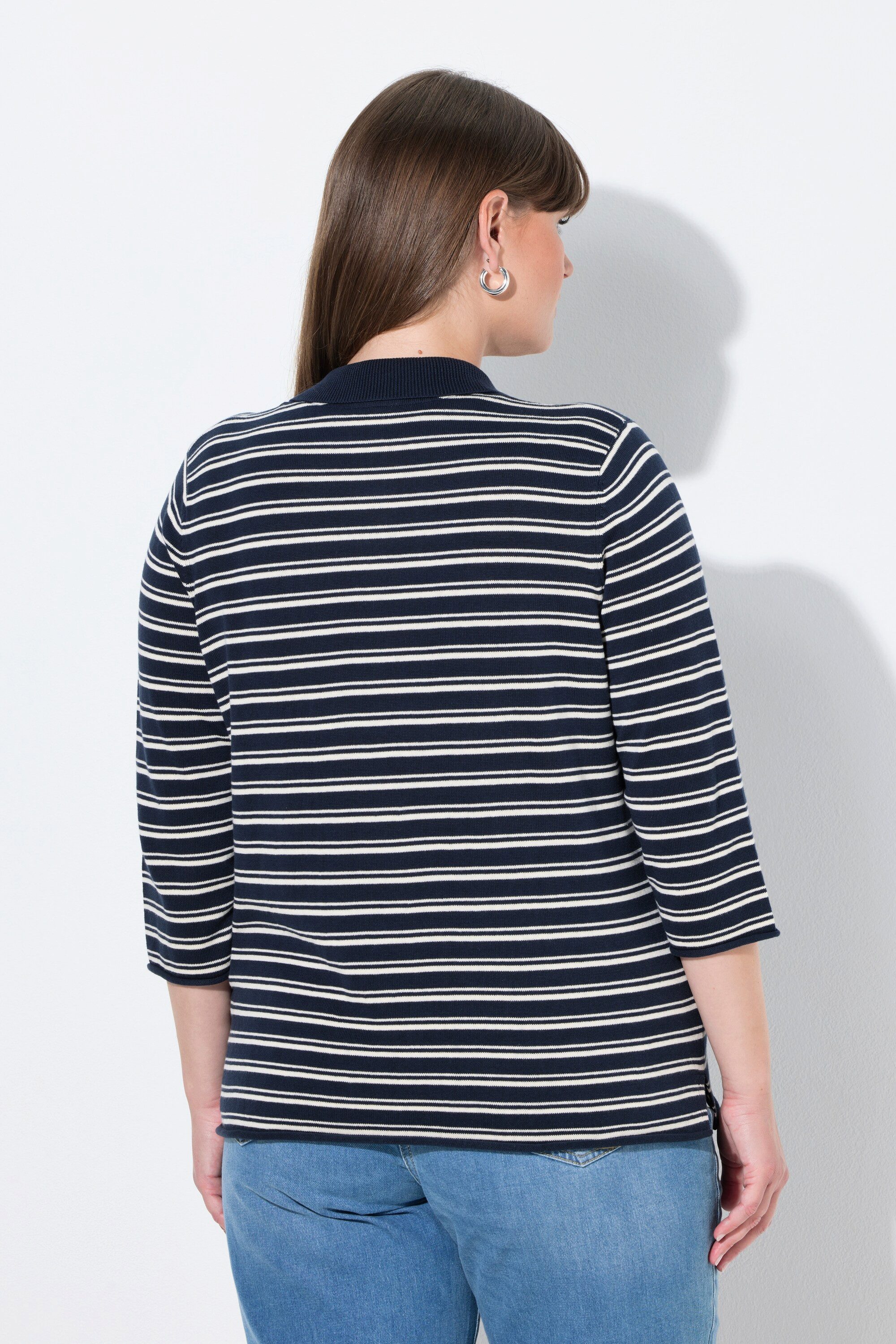 Ulla Popken Strickpullover Polo-Pullover Ringel 3/4-Arm Biobaumwolle