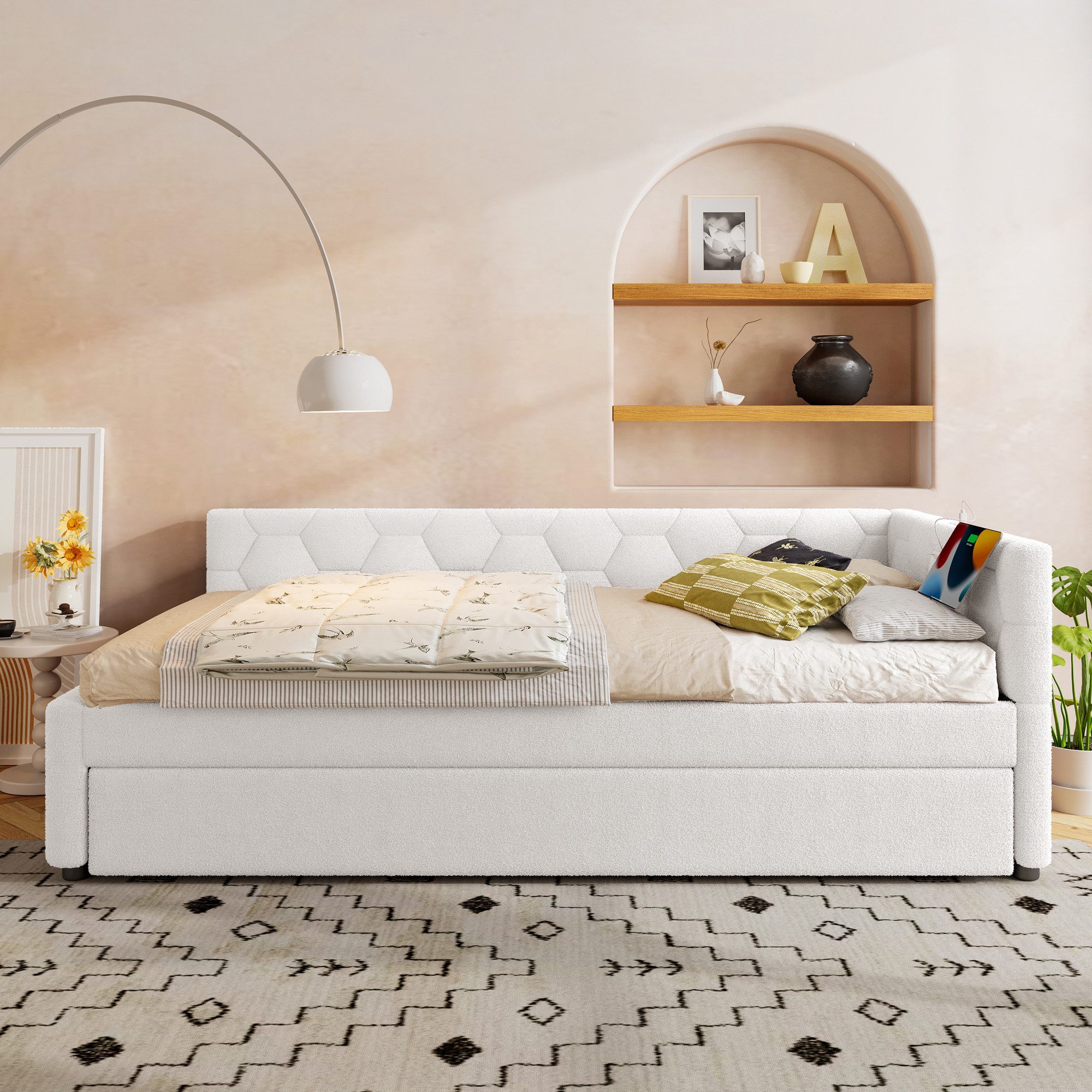 Odikalo Ausziehbett Daybett Polsterbett Tagesbett Schlafsofa mit USB 90/140x200 Weiß/Rosa