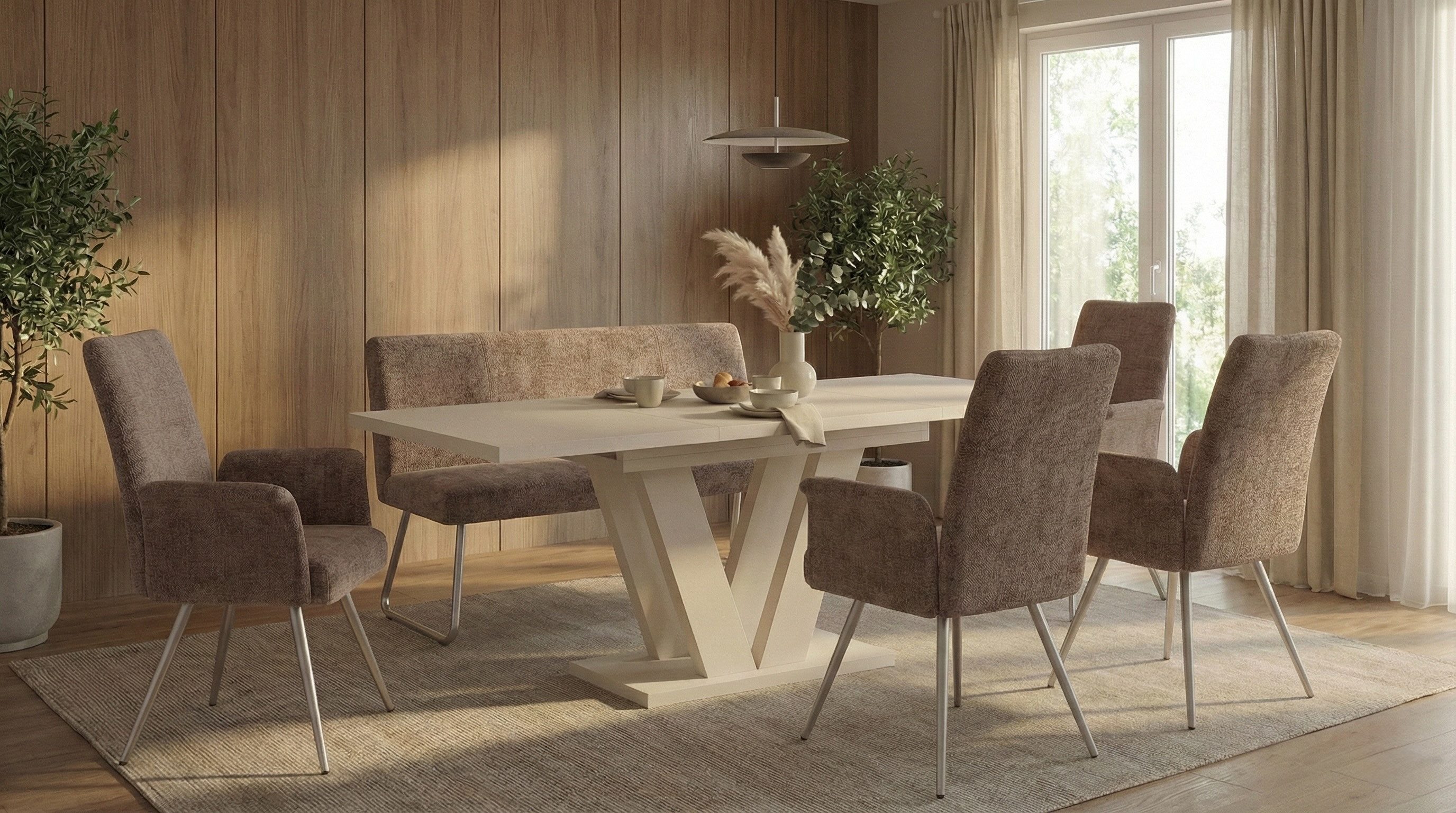 Endo-Moebel Essgruppe Essgruppe Set best. aus 1x Bank 4x Stühle und Esstisch Kaschmir