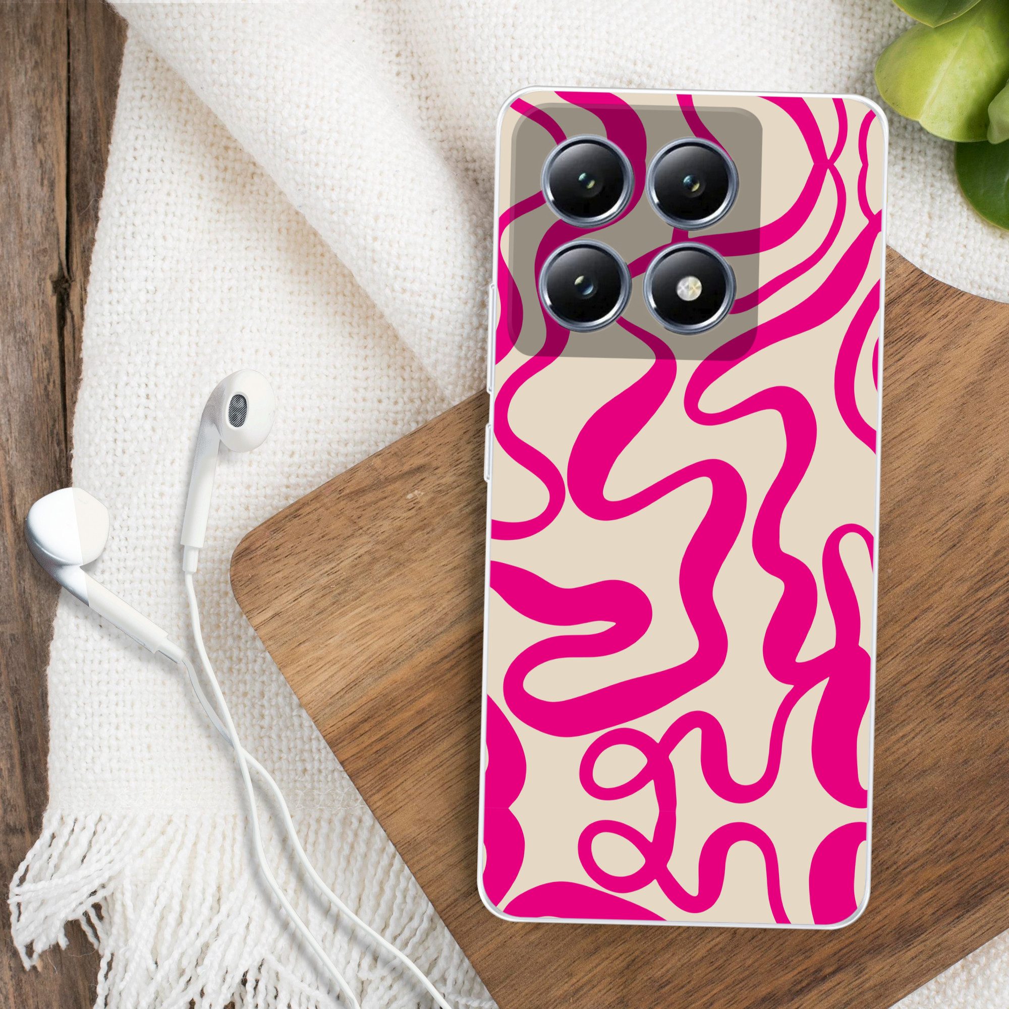 MuchoWow Handyhülle für Xiaomi 14T Linien - Rosa - Beige - Abstrakt - Minimalistisch, Handy Case, Silikon, Bumper Case Dünn