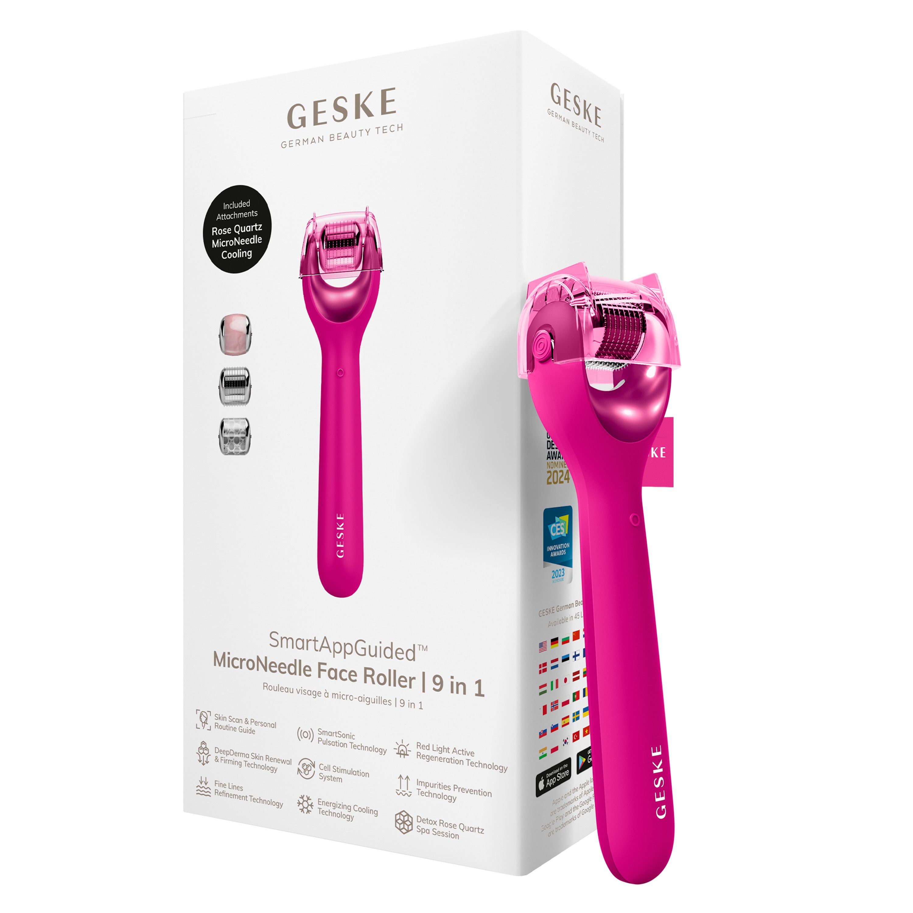 GESKE German Beauty Tech Micro-Needling SmartAppGuided™ MicroNeedle Face Roller 9 in 1, Packung (Gerät & USB-Ladekabel), 2-tlg., Gerät inkl. kostenloser APP (SmartAppGuided Device), Mit der GESKE App erhältst Du deine personalisierte Hautpflegeroutine.