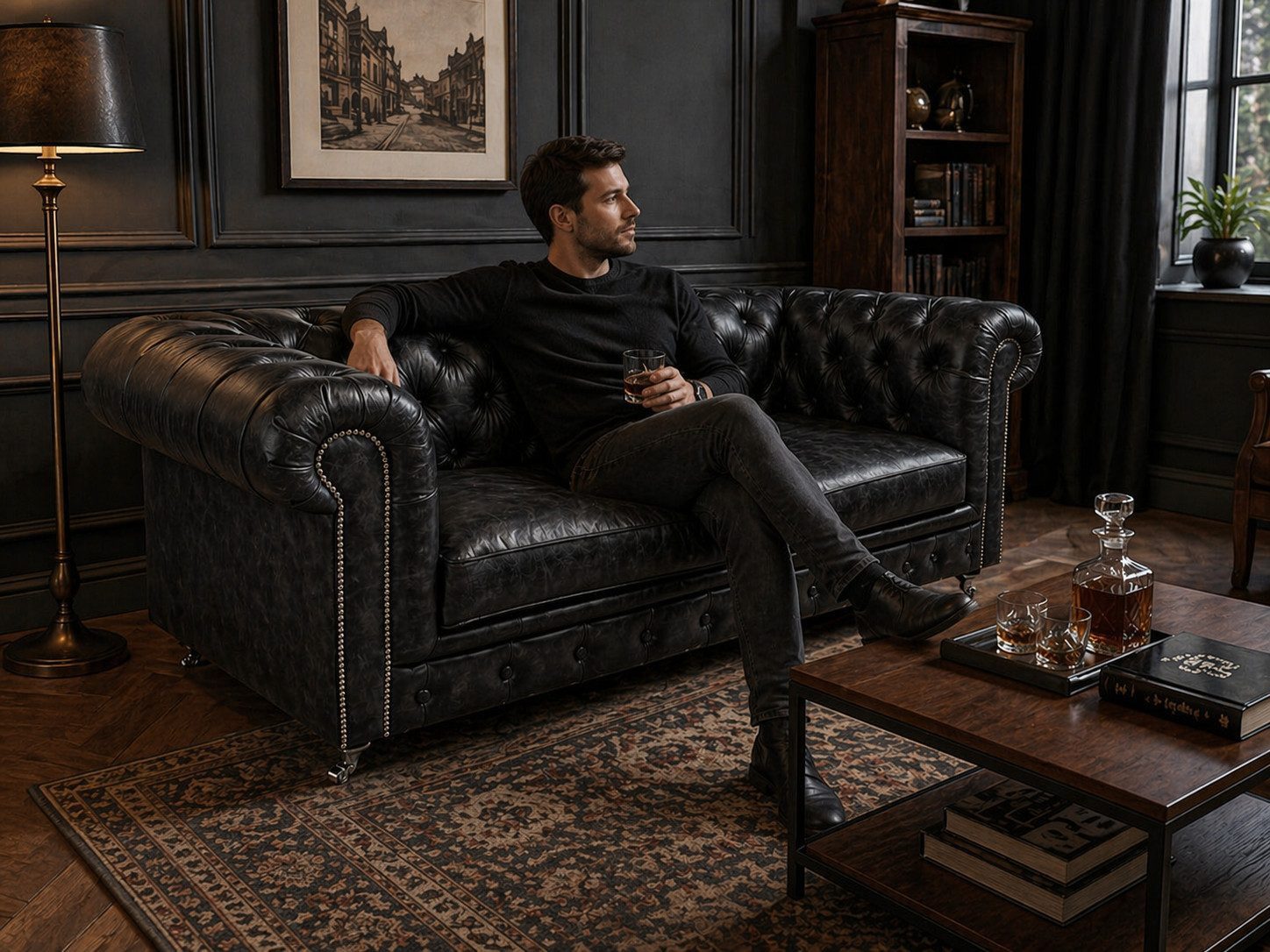 Xlmoebel Chesterfield-Sofa Elegantes Vintage Leder Design mit Knopfheftung Schwarz Sofort, Made in Europa