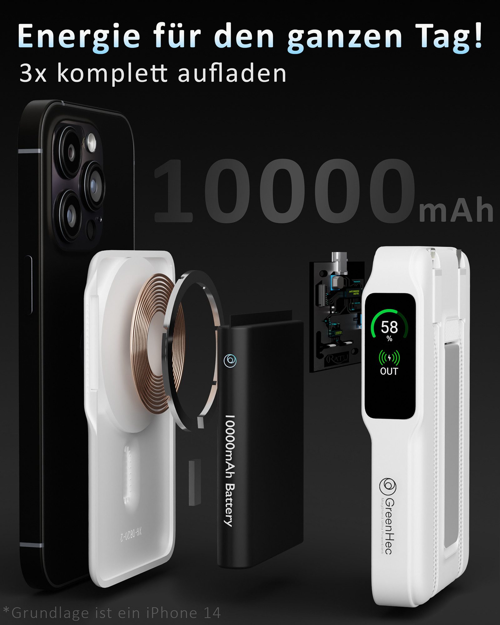 GreenHec MagSafe Powerbank iPhone 18 17 16 15 14 13 12 Magnet Wireless 10000mAh Powerbank MagStand Ultra Powerbank - 6in1 A 10000 mAh (1.5 V), Pro Max Air Stand – Bild 4 von 5