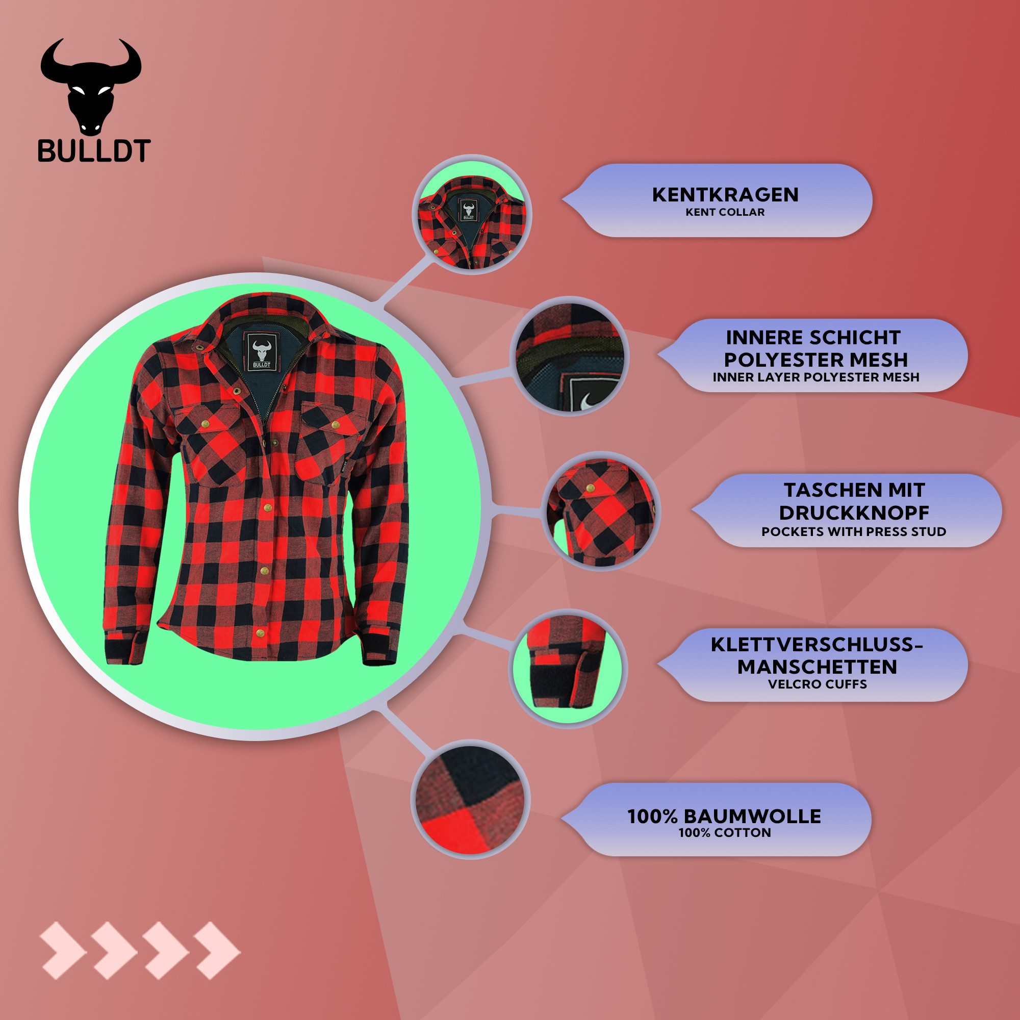 BULLDT Motorradjacke BLD1200 (mit 4 CE-Protektoren) Damen Motorradhemd Lumberjack Hemd Futter aus Aramid-Kevlar-Fasern – Bild 5 von 5
