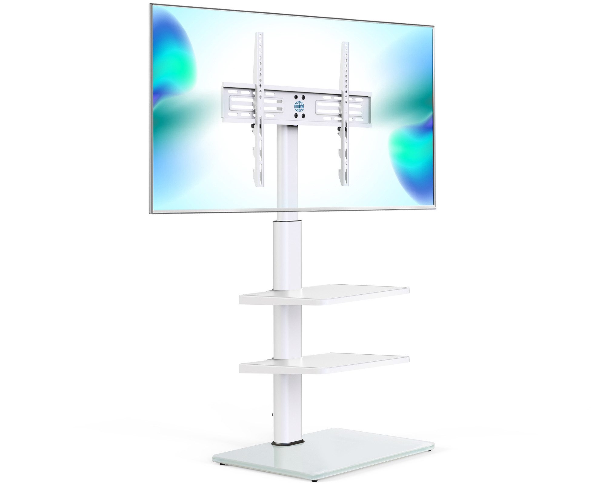 FITUEYES TV-Ständer mit 2 Ablagen, höhenverstellbar, ±30°schwenkbar, 32-60 Zoll, (bis 60,00 Zoll, verstellbare Ablagen, aus gehärtetem Glas)