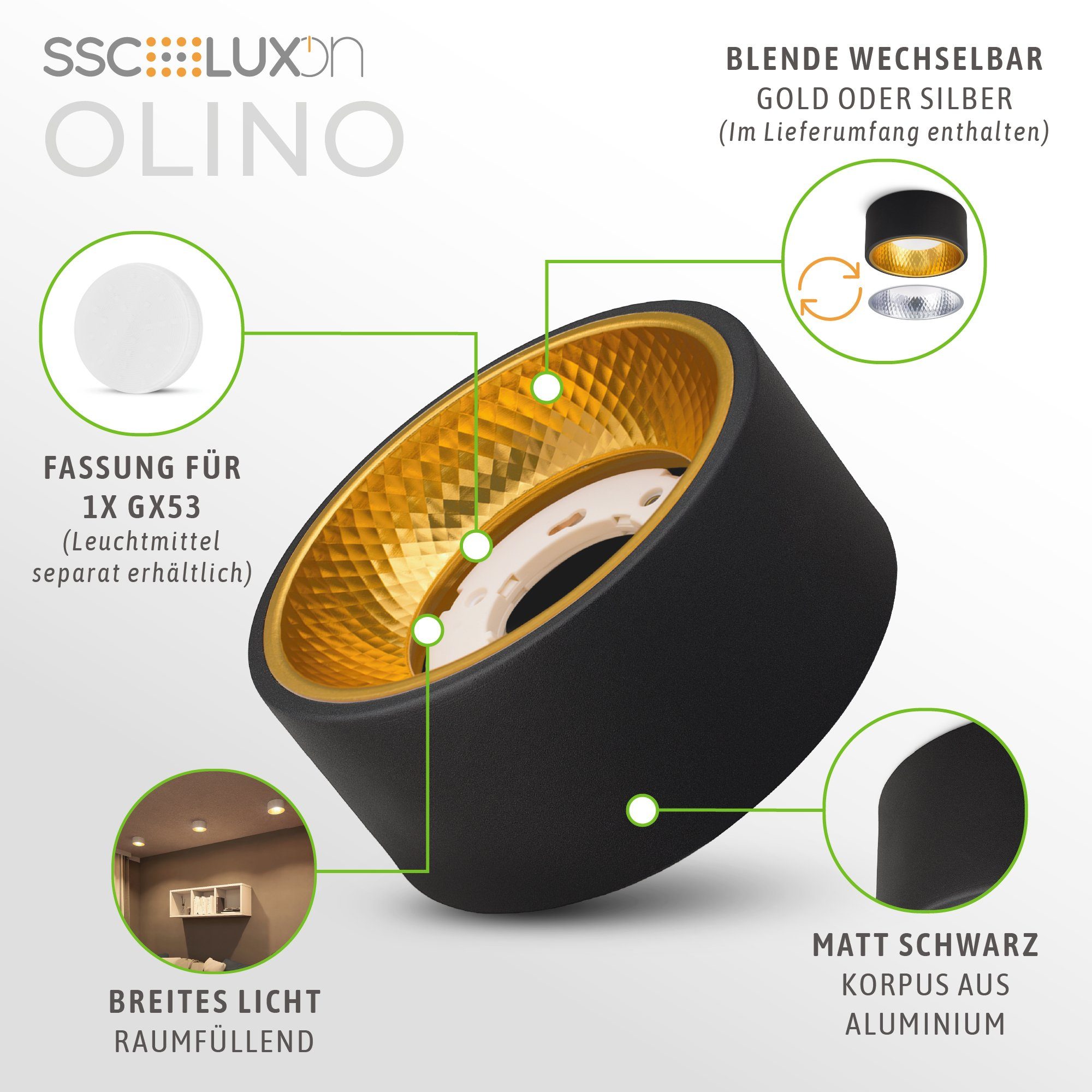 SSC-LUXon Aufbauleuchte OLINO Deckenlampe Spot Aufbauleuchte schwarz warmweiß GX53 Fassung