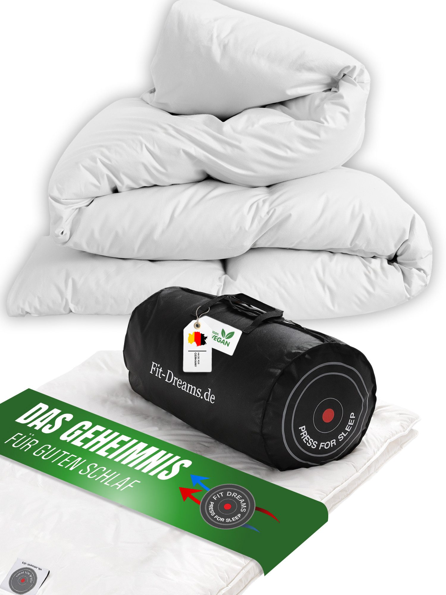 FIT DREAMS PRESS FOR SLEEP Ganzjahresbettdecke + Kopfkissen Premium Ganzjahresdecke - klimaregulierend inkl. Tragetasche, Füllung: Daunenähnlich, Bettwaren-Set - natürliche Ganzjahresdecke - vegane Steppdecke