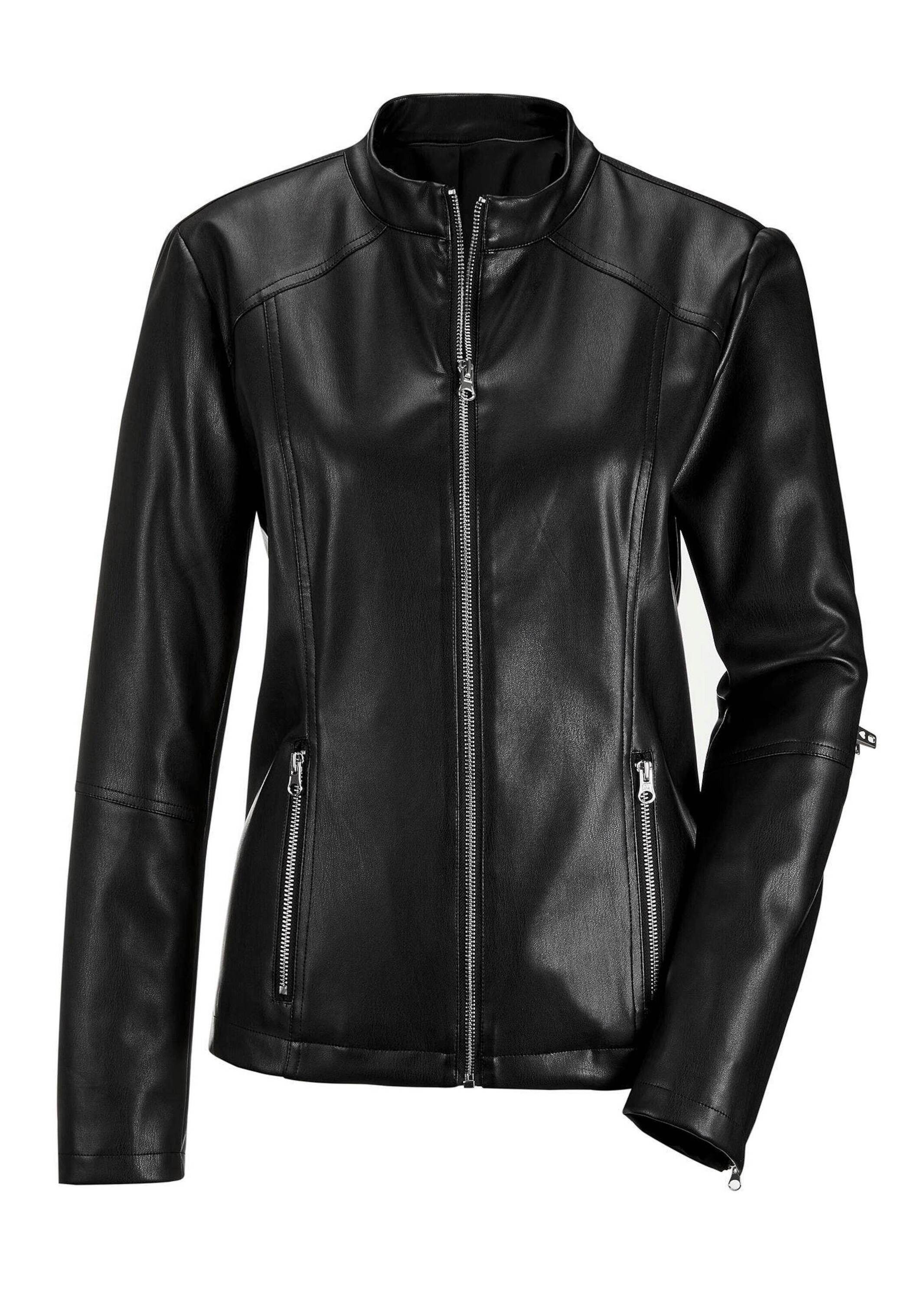 GOLDNER Outdoorjacke Lederoptik-Jacke mit silbernen Reißverschlüssen Jacke mit Stehkragen, figurformende Nähte, Lederimitat