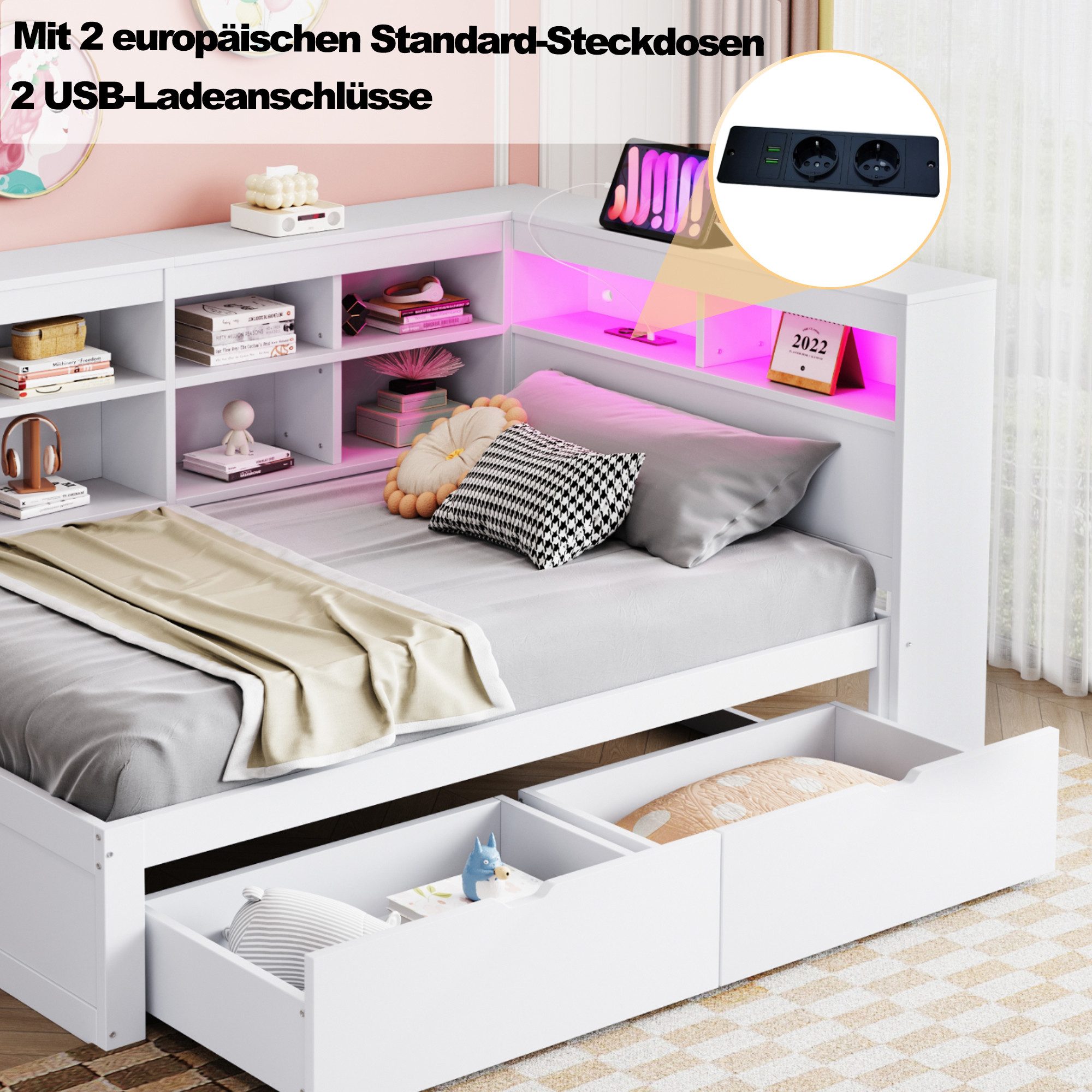 Flieks Massivholzbett, LED Einzelbett 90x200cm mit Stauraum, USB-Aufladen und Schublade – Bild 4 von 5
