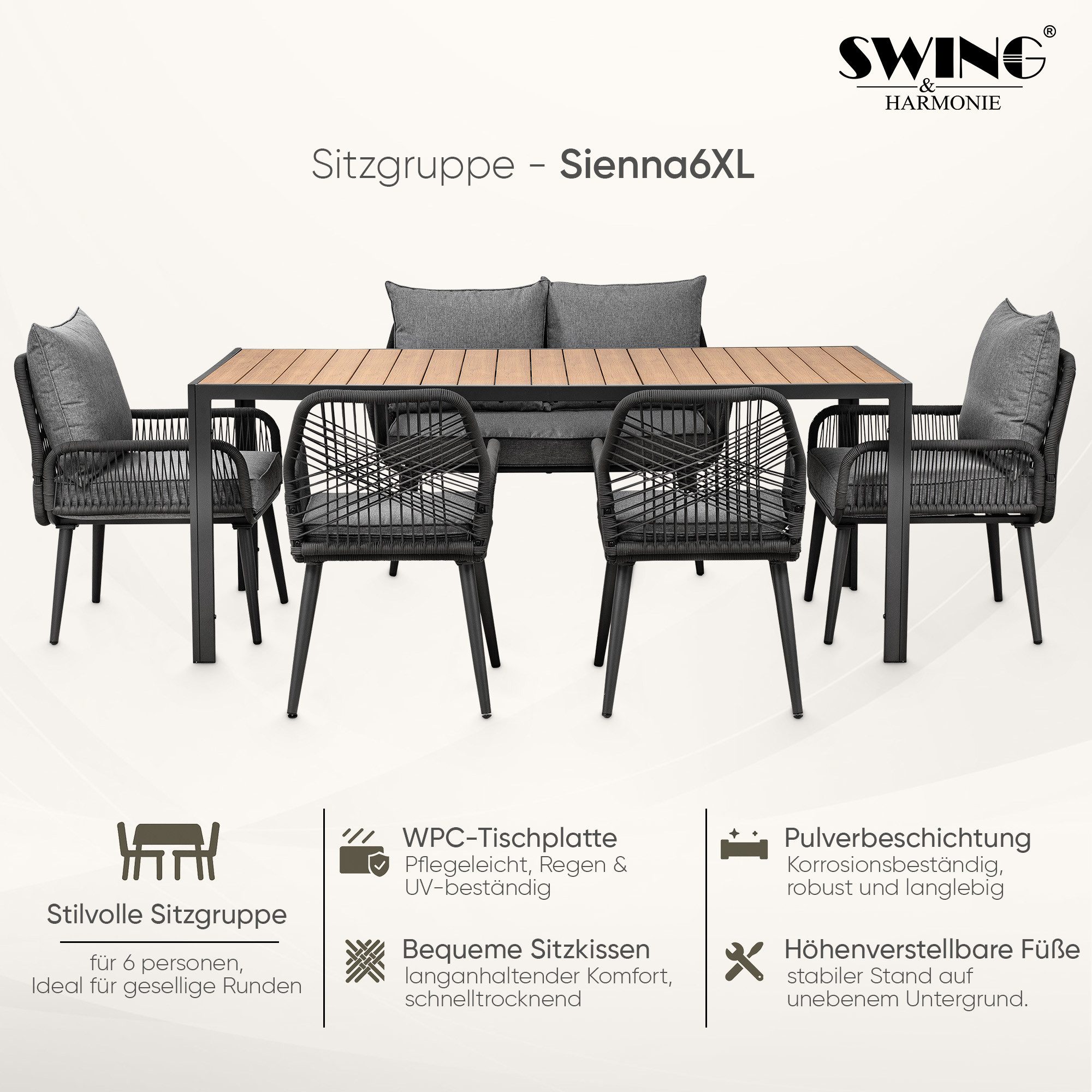 Swing&Harmonie Gartenlounge-Set für 4-6 Personen mit Tisch, Sofa, Stühle, Esstisch, (wetterfest, WPC-Tischplatte, Seilgeflecht Lounge, inkl. Kissen Sienna Garten Sitzgruppe), Outdoor Essgruppe