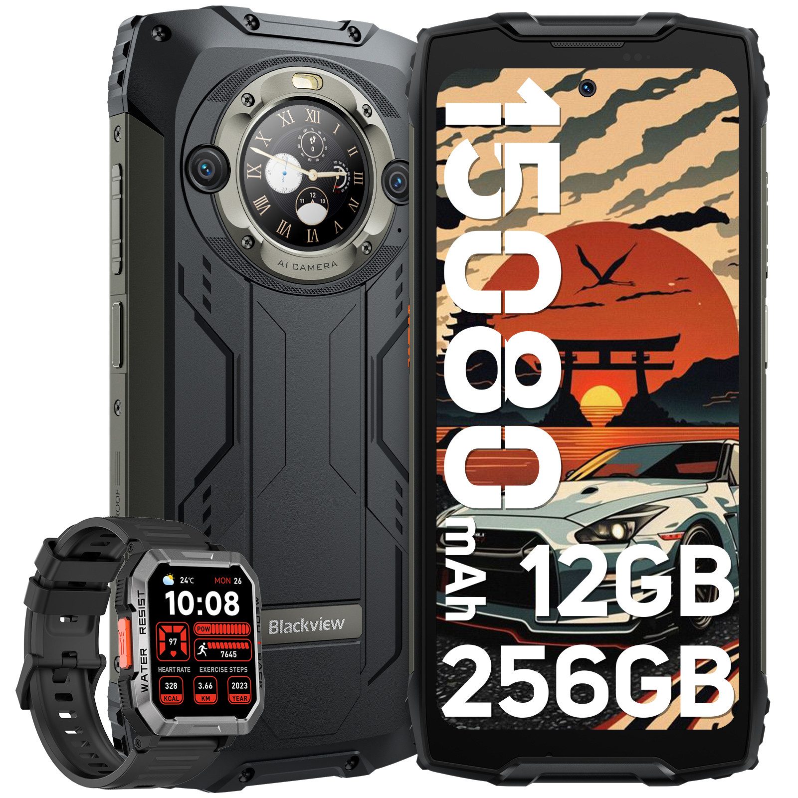 blackview BV9300Pro AI zwei Bildschirmenincl. W60 Smartphone (6.7 Zoll, 12 GB Speicherplatz, 64 MP Kamera, Zwei-Display-Layout, 2.4K, 120Hz, 15080mAh/ 33W, NFC/IP69K/FM/OTG)