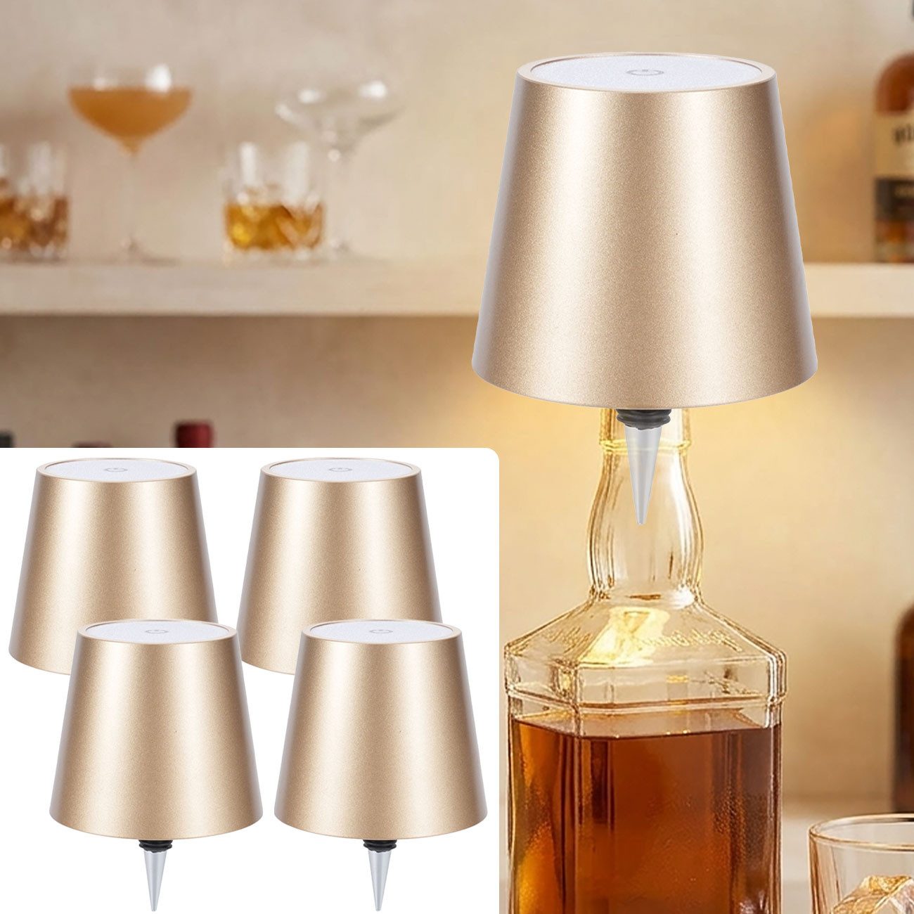 shop'n smile ideoon Nachttischlampe Akku Flaschenlampe mit Touch-Sensor 3600mAh stufenlos Dimmbar Metall, Warmweiß / Naturweiß / Kaltweiß, LEDs mit 3 Lichtfarben, Akkulaufzeit bis zu 8 St. kabellos