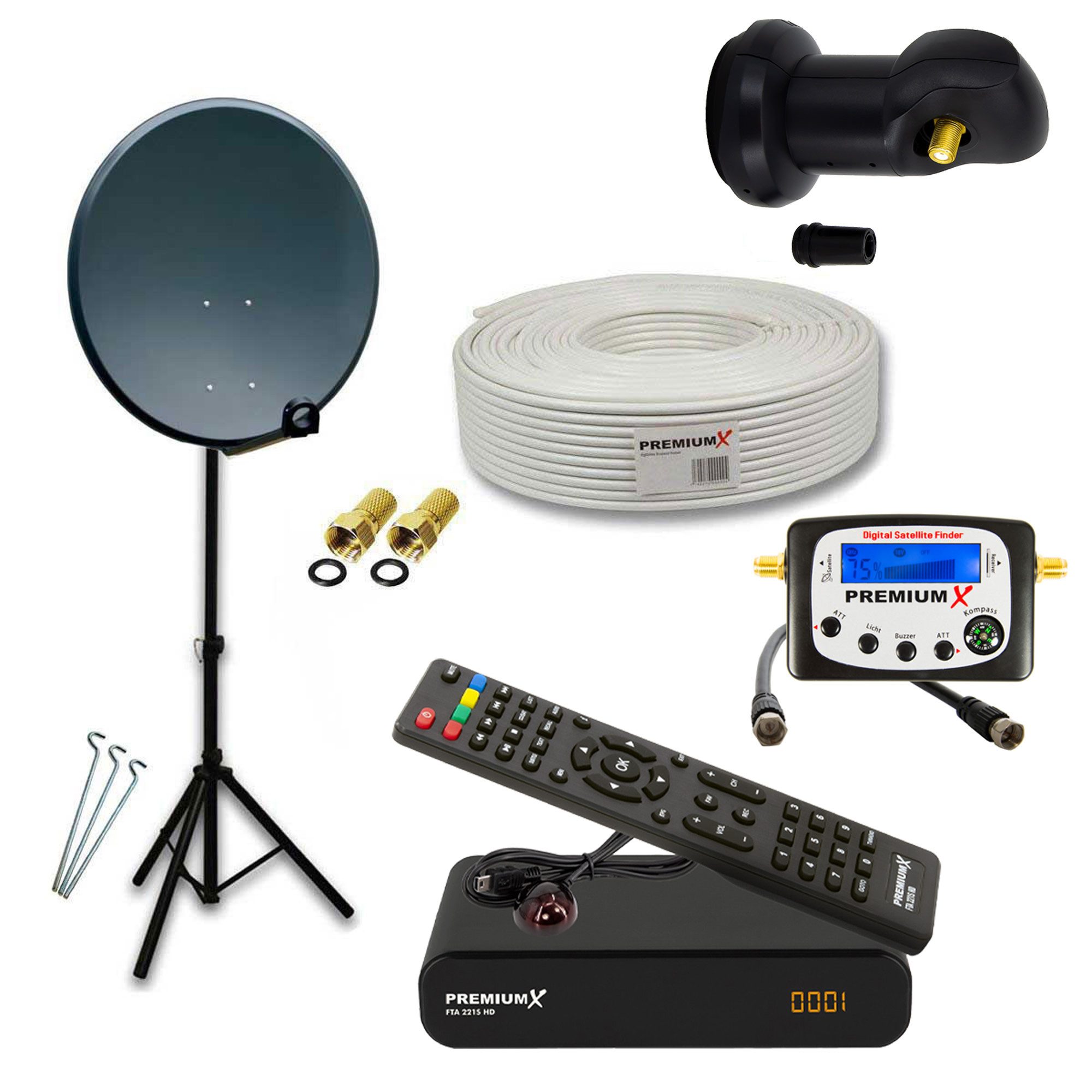 Camping Sat Anlage 45cm Antenne LNB Kabel Stativ Receiver SatFinder SAT-Antenne