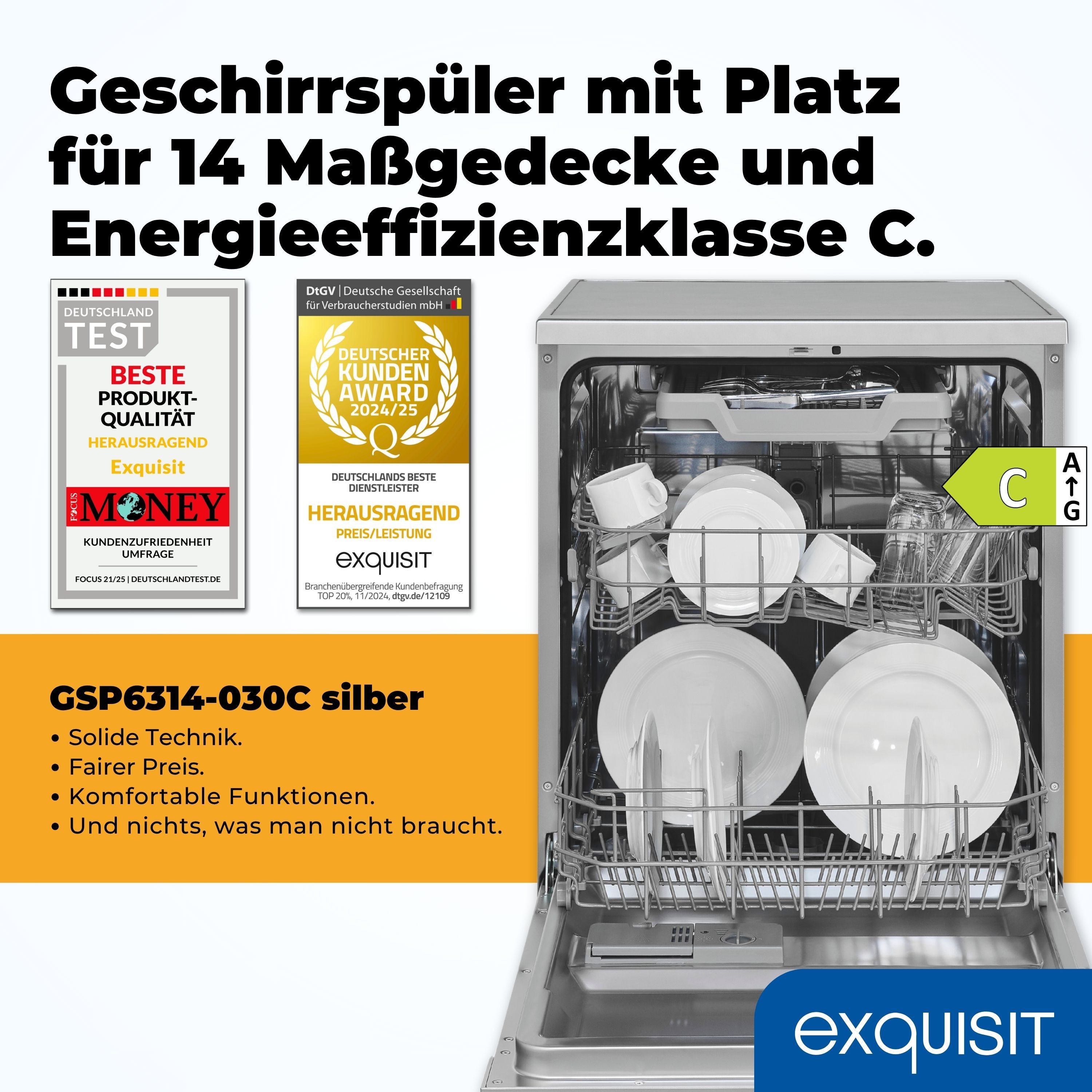 exquisit Standgeschirrspüler 6314 GSP6314-030C silber, 10,2 l, 14 Maßgedecke, Effizient, leise, 14 Maßgedecke – smartes Spülen mit LED-Komfort
