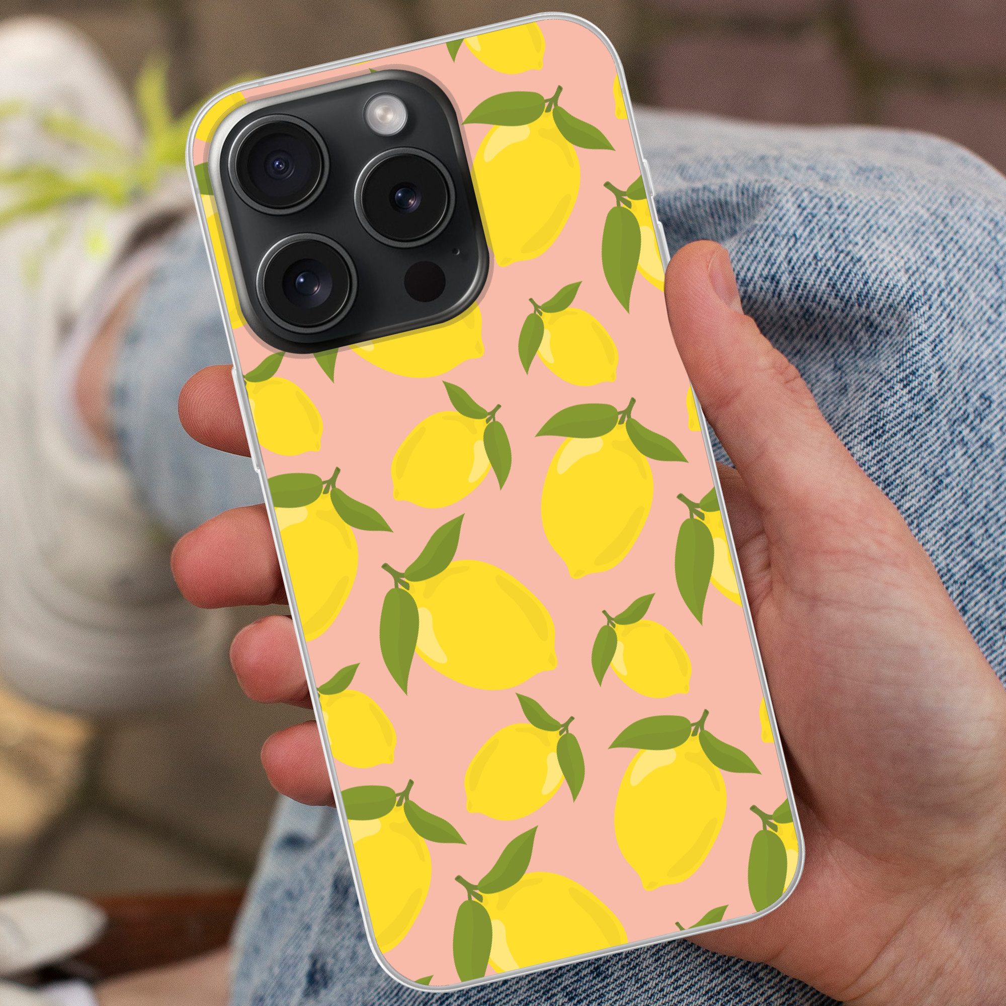 MuchoWow Handyhülle für Apple iPhone 15 Pro Zitronen - Gelb - Rosa - Muster - Obst, Smartphone-Bumper, Print, Handy Schutzhülle Dünn