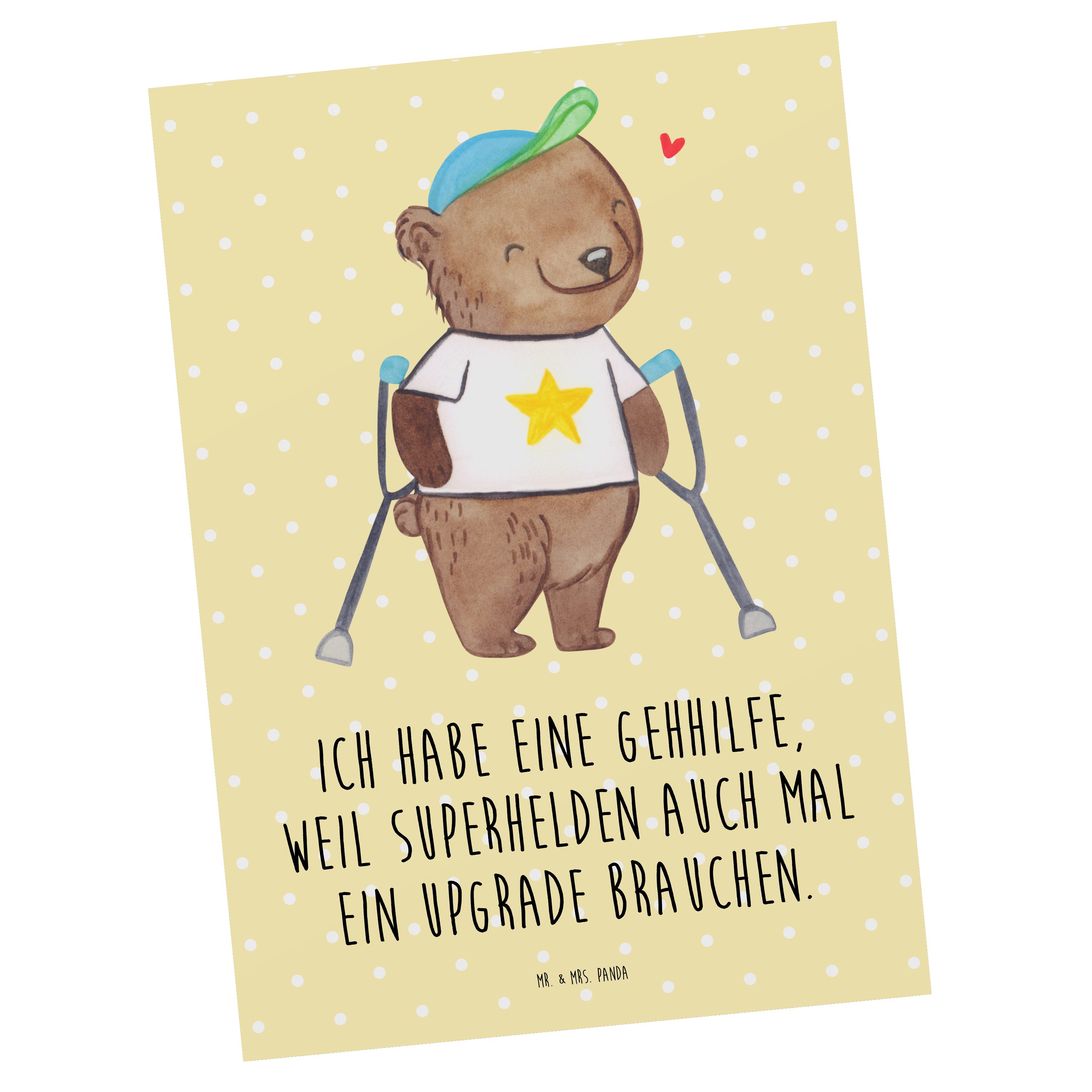 Mr. & Mrs. Panda Postkarte Bär Gehhilfen - Gelb Pastell - Geschenk, Grußkarte, Krücken, Geschenk, Hochglänzend
