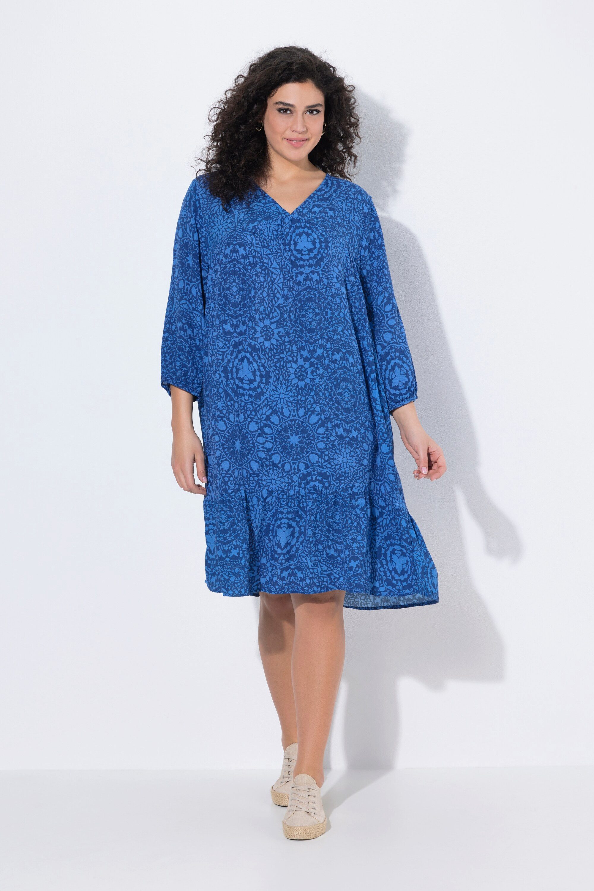 Midikleid Kleid Kachelmuster A-Linie V-Ausschnitt 3/4-Arm