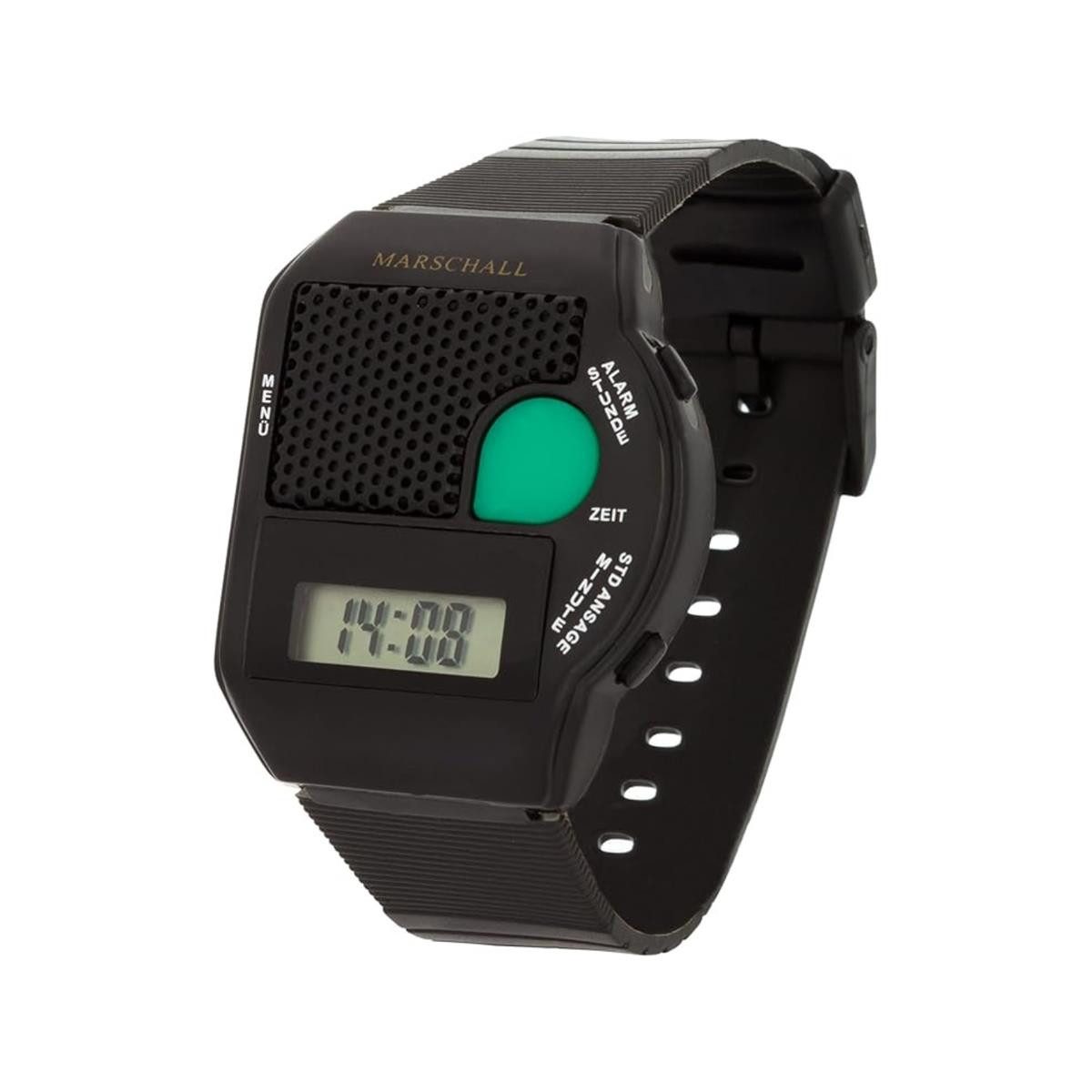 Marschall Versand Digitaluhr Sprechende Armbanduhr schwarz mit großem grünen Knopf